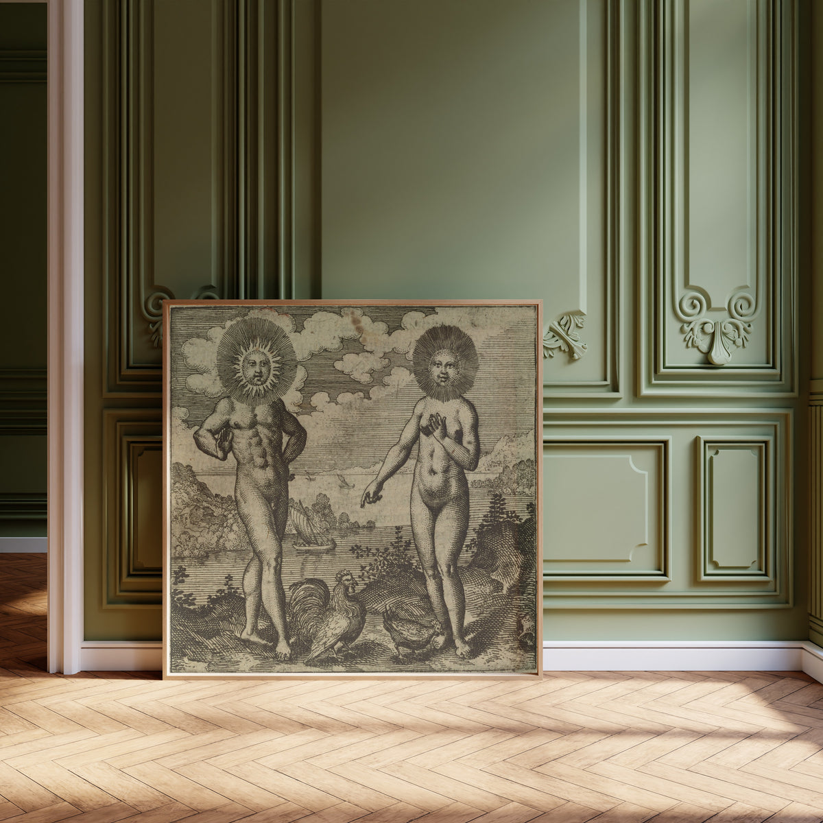 Framed art print of Atalanta Fugiens, Emblem 30: The Sun Needs the Moon as the… by Michael Maier, leaning against olive-green panelling on a herringbone floor