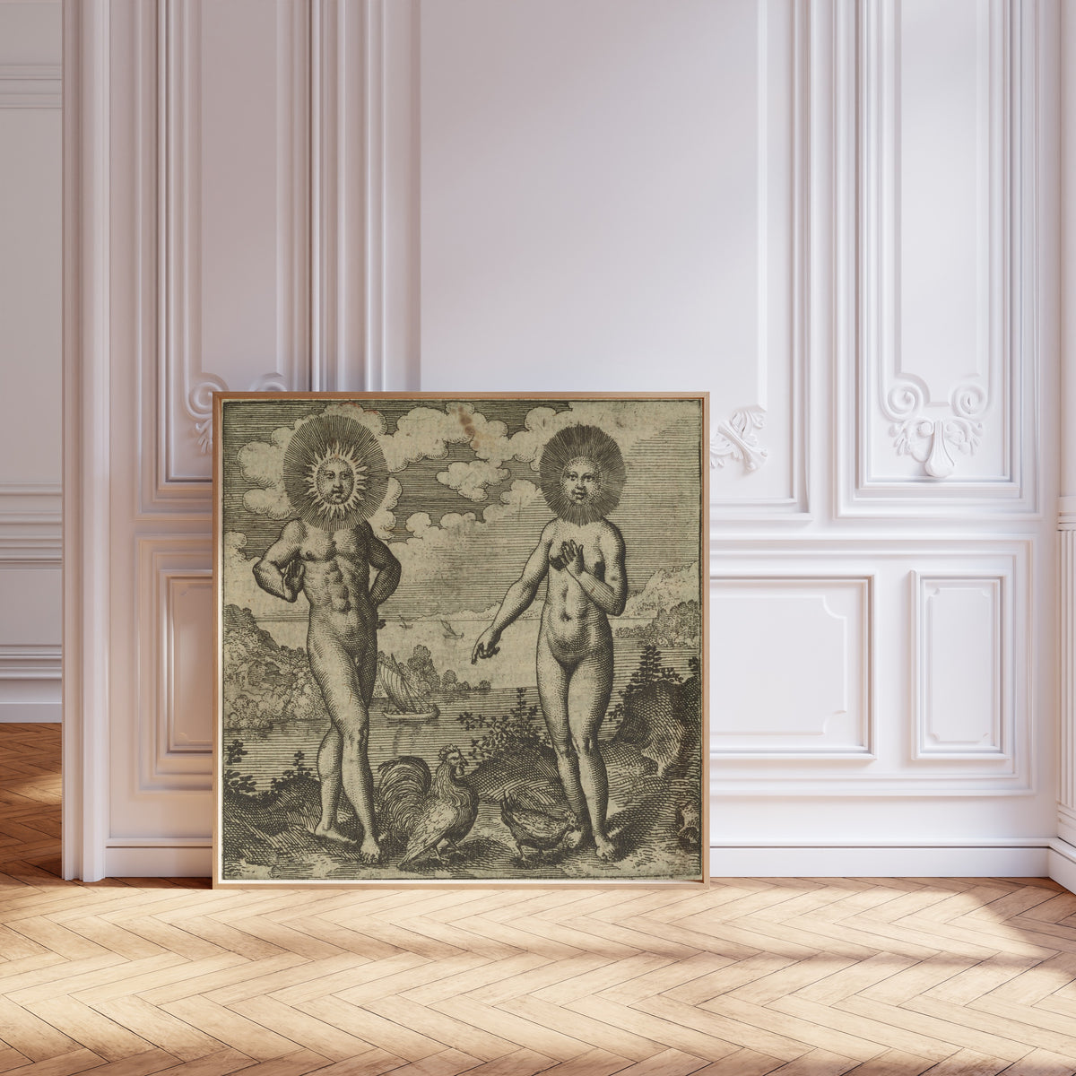 Framed art print of Atalanta Fugiens, Emblem 30: The Sun Needs the Moon as the… by Michael Maier, leaning against pale pink panelling on a herringbone floor