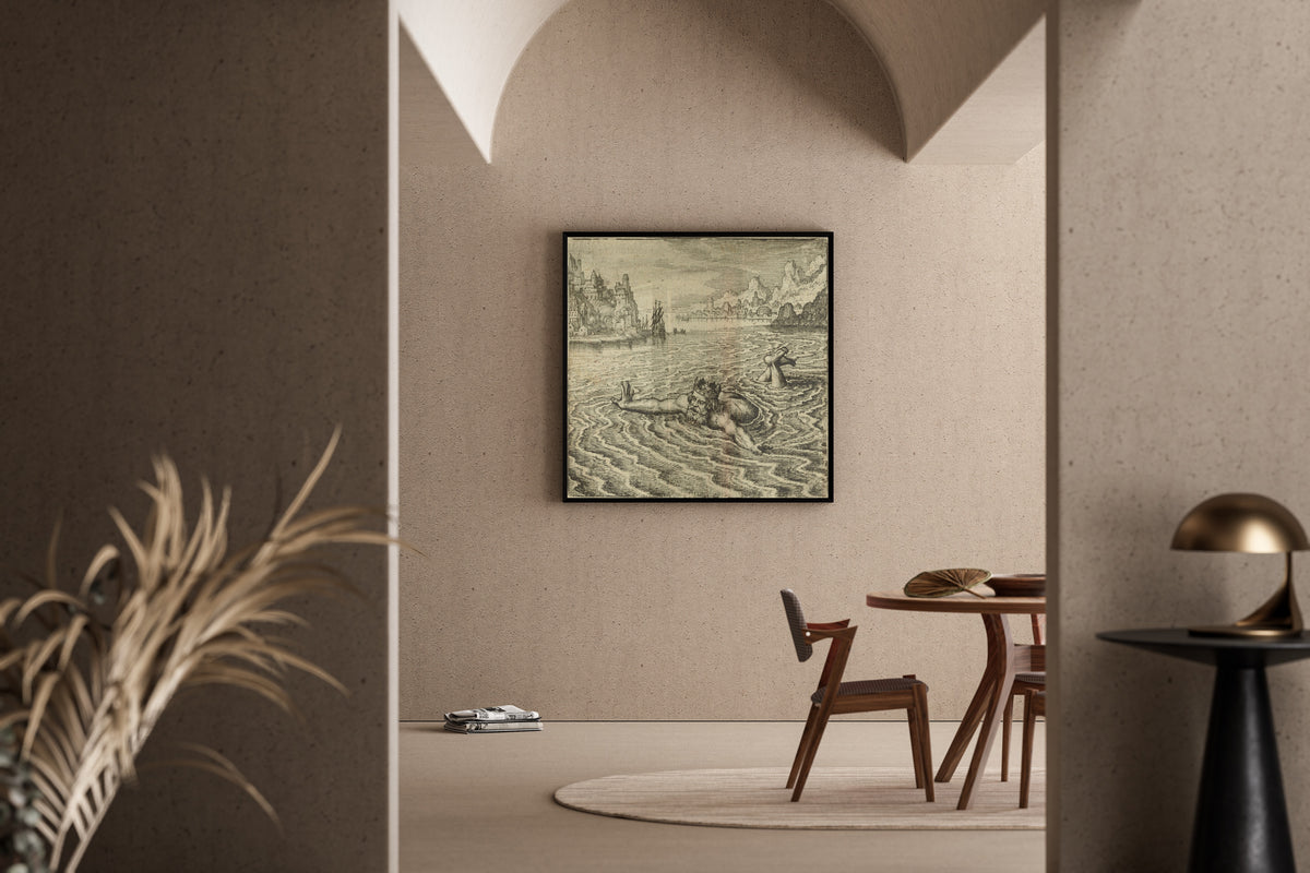 Framed art print of Atalanta Fugiens, Emblem 31: The King Swimming in the Sea Cries Out, He That Delivers Me Shall… by Michael Maier, in a sunlit dining corner