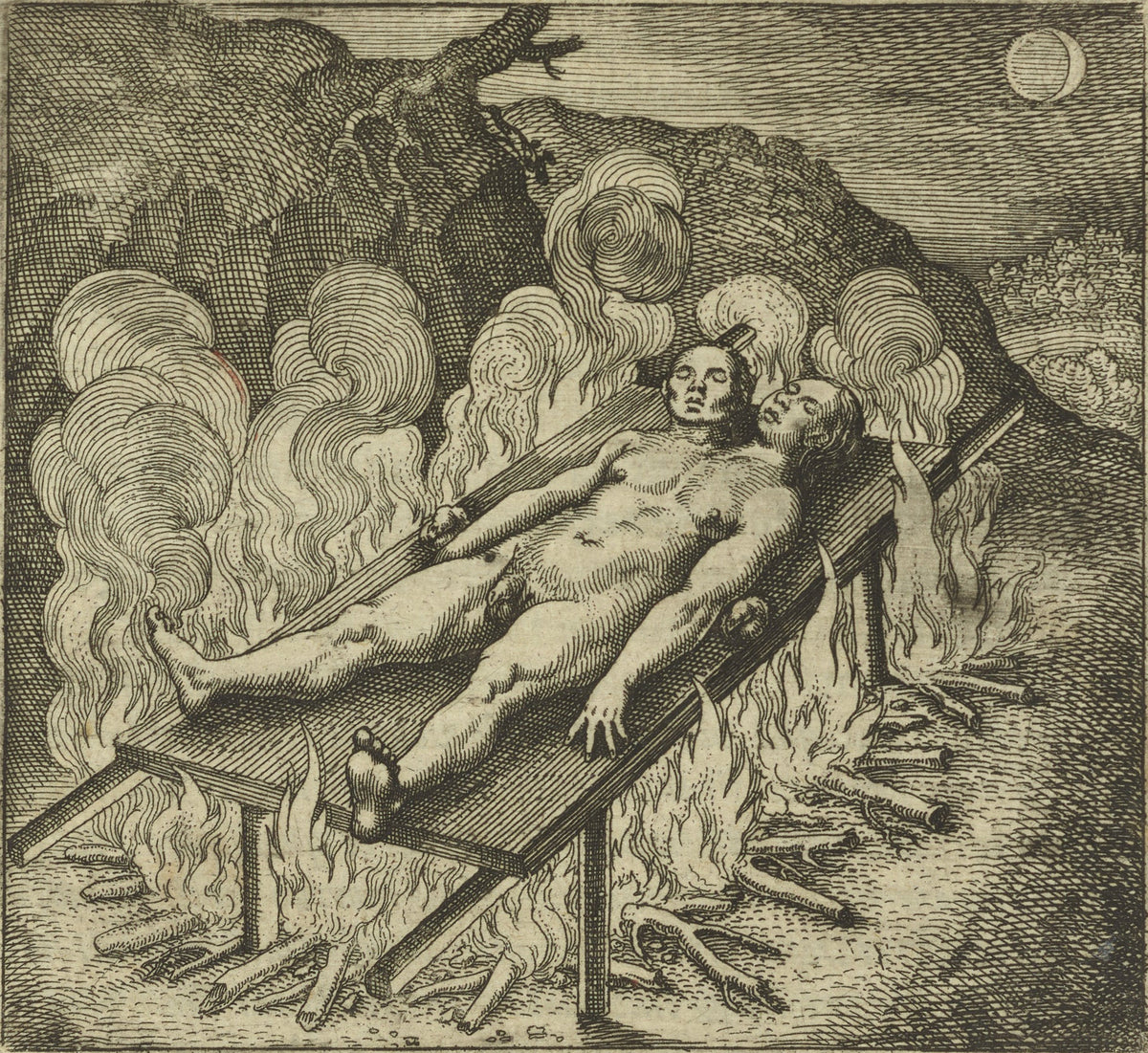 Michael Maier — Atalanta Fugiens, Emblem 33: The Hermaphrodite, Lying Like a Dead Man in Darkness, Needs Fire | Alchemical Engraving Print