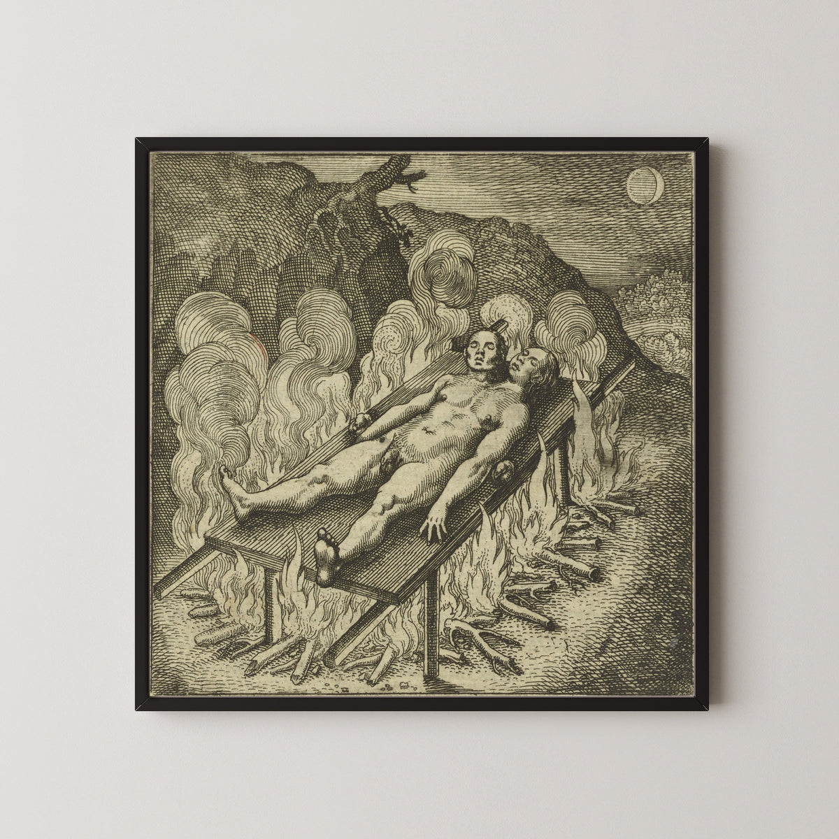 Framed art print of Atalanta Fugiens, Emblem 33: The Hermaphrodite, Lying Like a Dead Man in Darkness, Needs… by Michael Maier, in a black frame on a pale wall