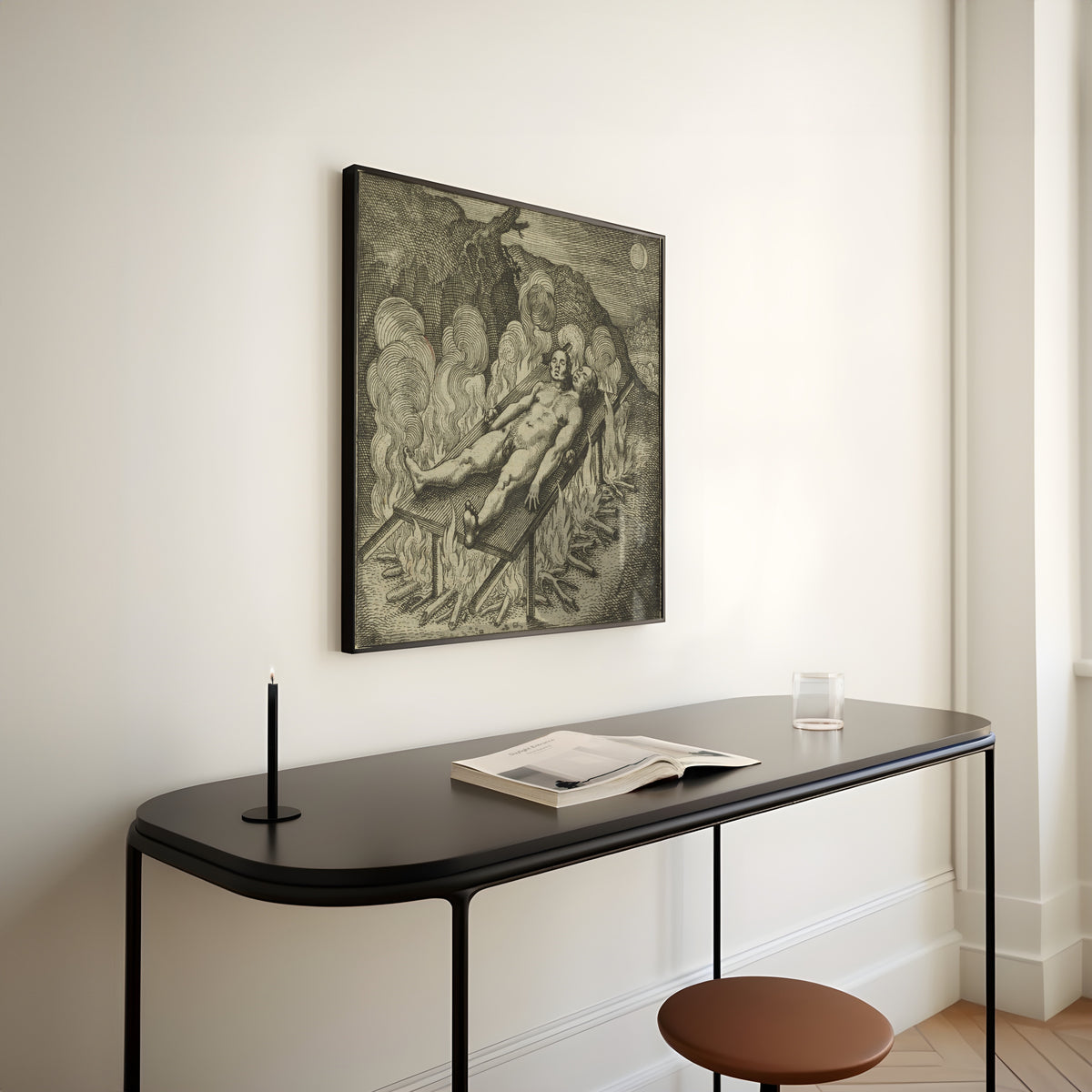 Framed art print of Atalanta Fugiens, Emblem 33: The Hermaphrodite, Lying Like a Dead Man in Darkness… by Michael Maier, above a slim black console table