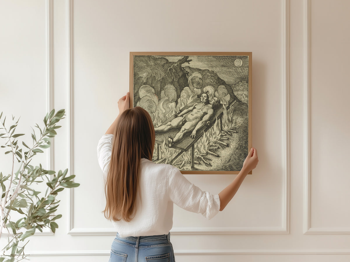 Framed art print of Atalanta Fugiens, Emblem 33: The Hermaphrodite, Lying Like a Dead Man in Darkness, Needs Fire by Michael Maier, hung on a panelled wall