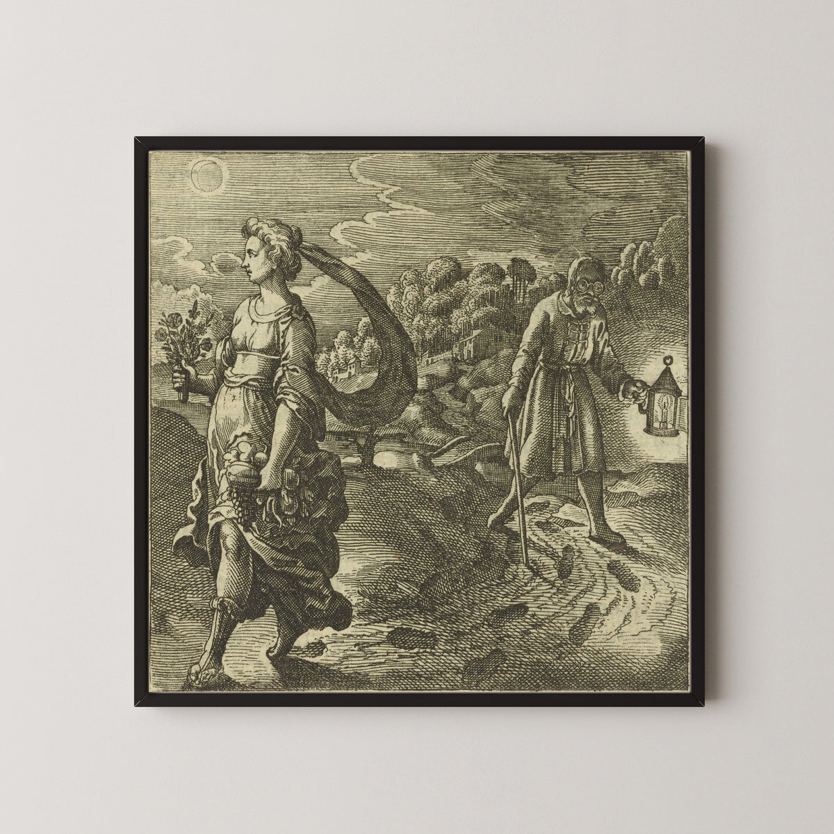 Framed art print of Atalanta Fugiens, Emblem 42: Nature, Reason, Experience and Reading by Michael Maier, in a black frame on a pale wall