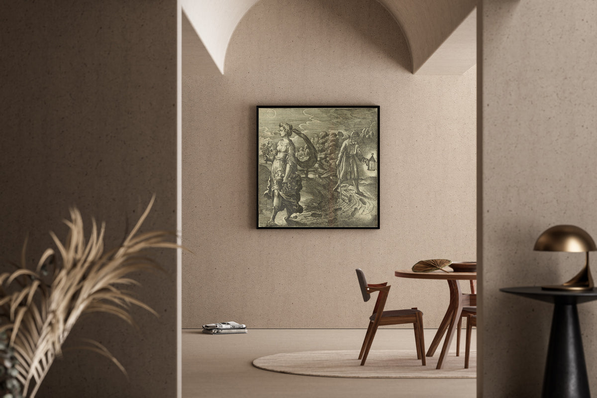 Framed art print of Atalanta Fugiens, Emblem 42: Nature, Reason, Experience and Reading by Michael Maier, in a sunlit dining corner