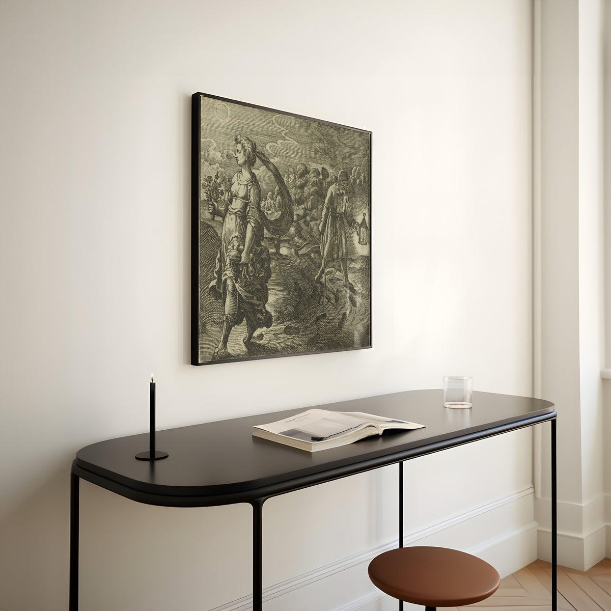 Framed art print of Atalanta Fugiens, Emblem 42: Nature, Reason, Experience and Reading by Michael Maier, above a slim black console table