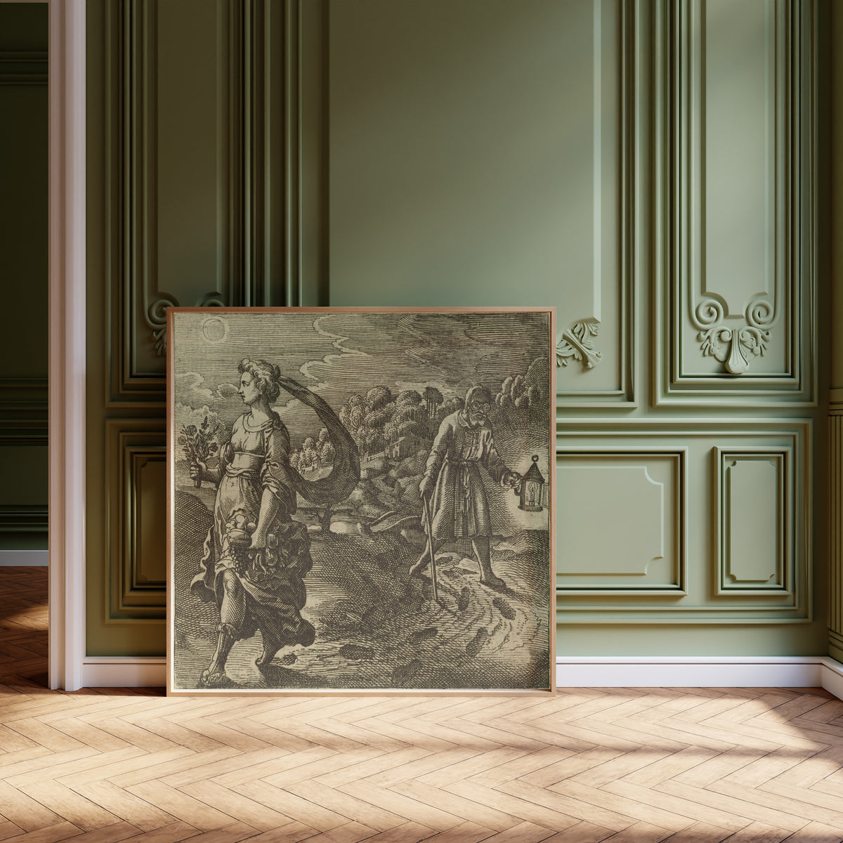 Framed art print of Atalanta Fugiens, Emblem 42: Nature, Reason, Experience and… by Michael Maier, leaning against olive-green panelling on a herringbone floor