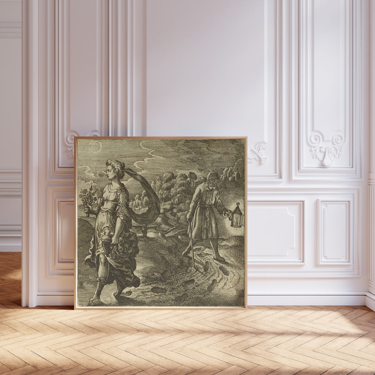 Framed art print of Atalanta Fugiens, Emblem 42: Nature, Reason, Experience and… by Michael Maier, leaning against pale pink panelling on a herringbone floor