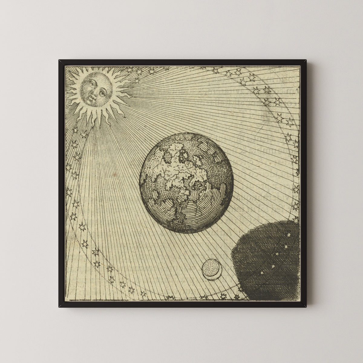 Framed art print of Atalanta Fugiens, Emblem 45: The Sun and Its Shadow Complete the Work by Michael Maier, in a black frame on a pale wall