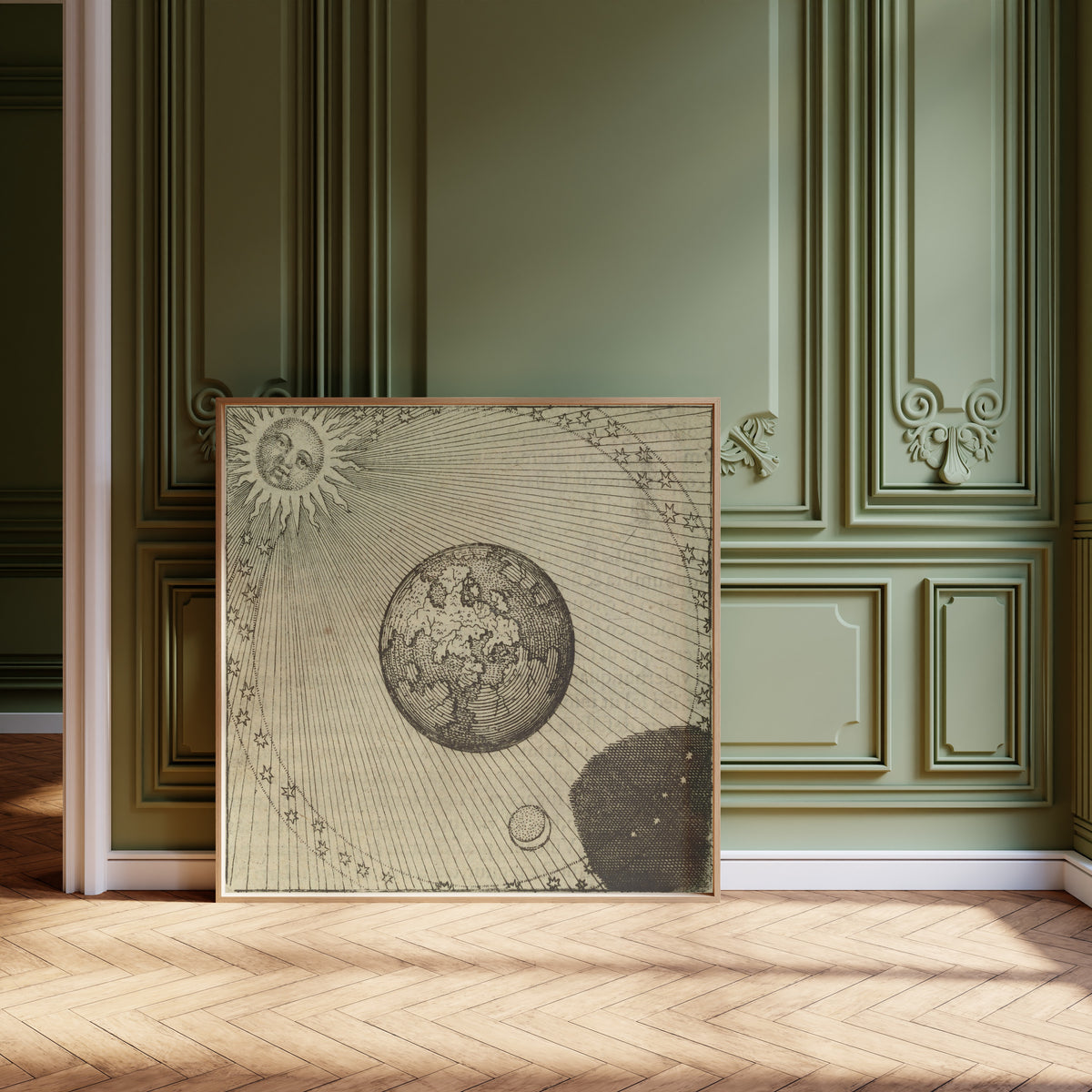 Framed art print of Atalanta Fugiens, Emblem 45: The Sun and Its Shadow… by Michael Maier, leaning against olive-green panelling on a herringbone floor