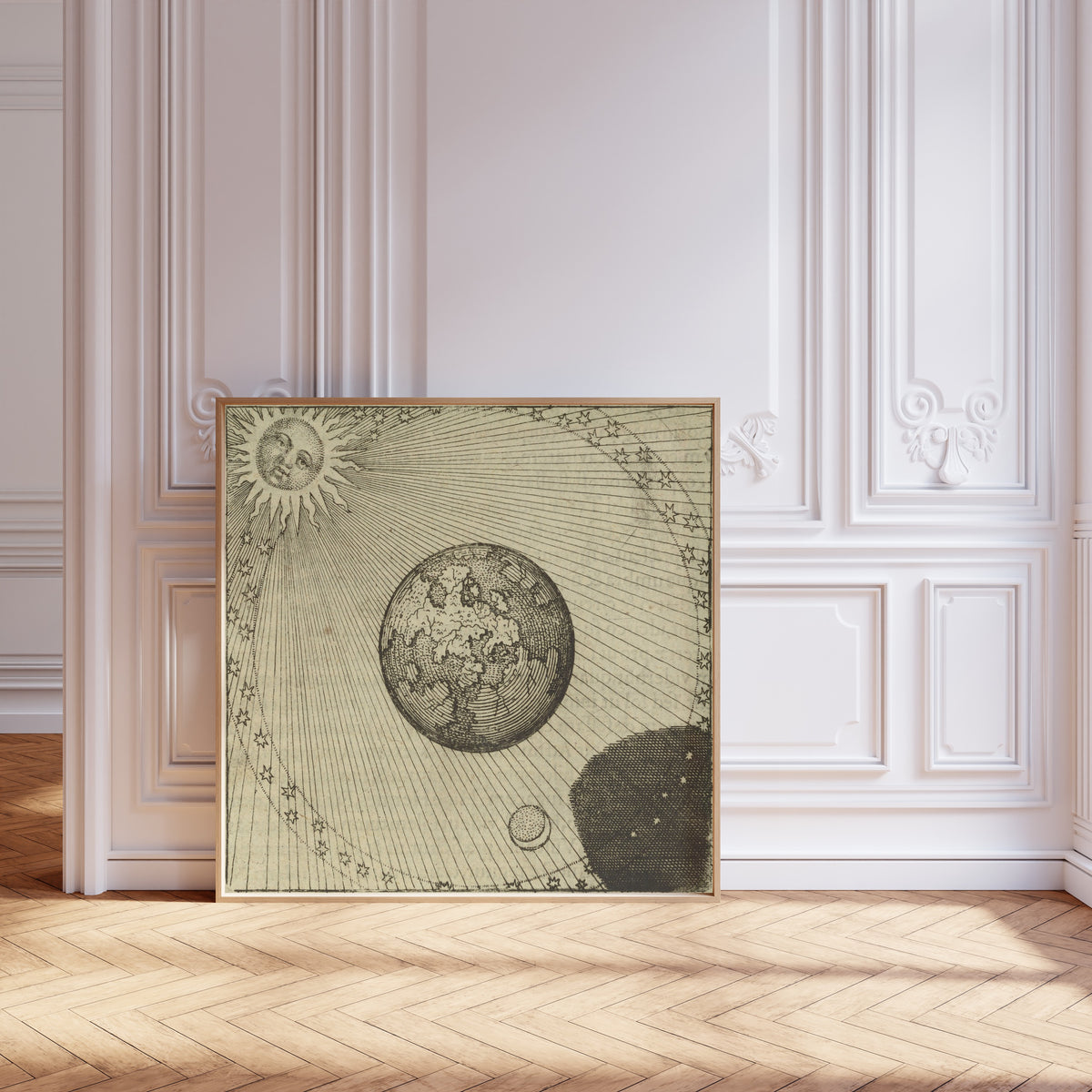 Framed art print of Atalanta Fugiens, Emblem 45: The Sun and Its Shadow Complete… by Michael Maier, leaning against pale pink panelling on a herringbone floor