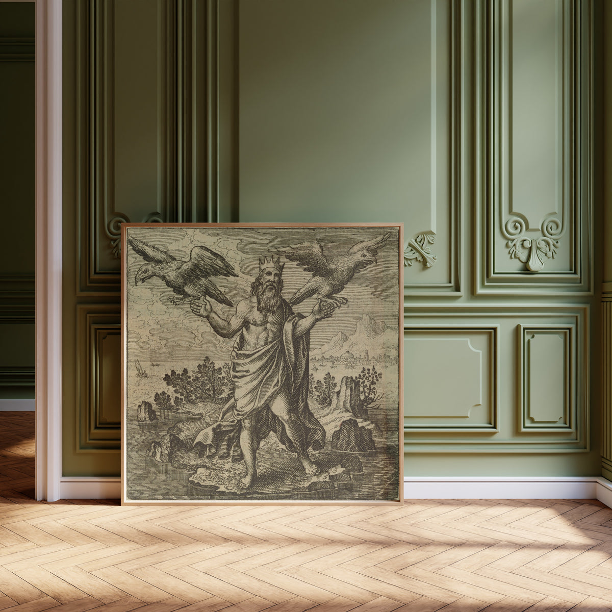 Framed art print of Atalanta Fugiens, Emblem 46: Two Eagles, One from the East… by Michael Maier, leaning against olive-green panelling on a herringbone floor