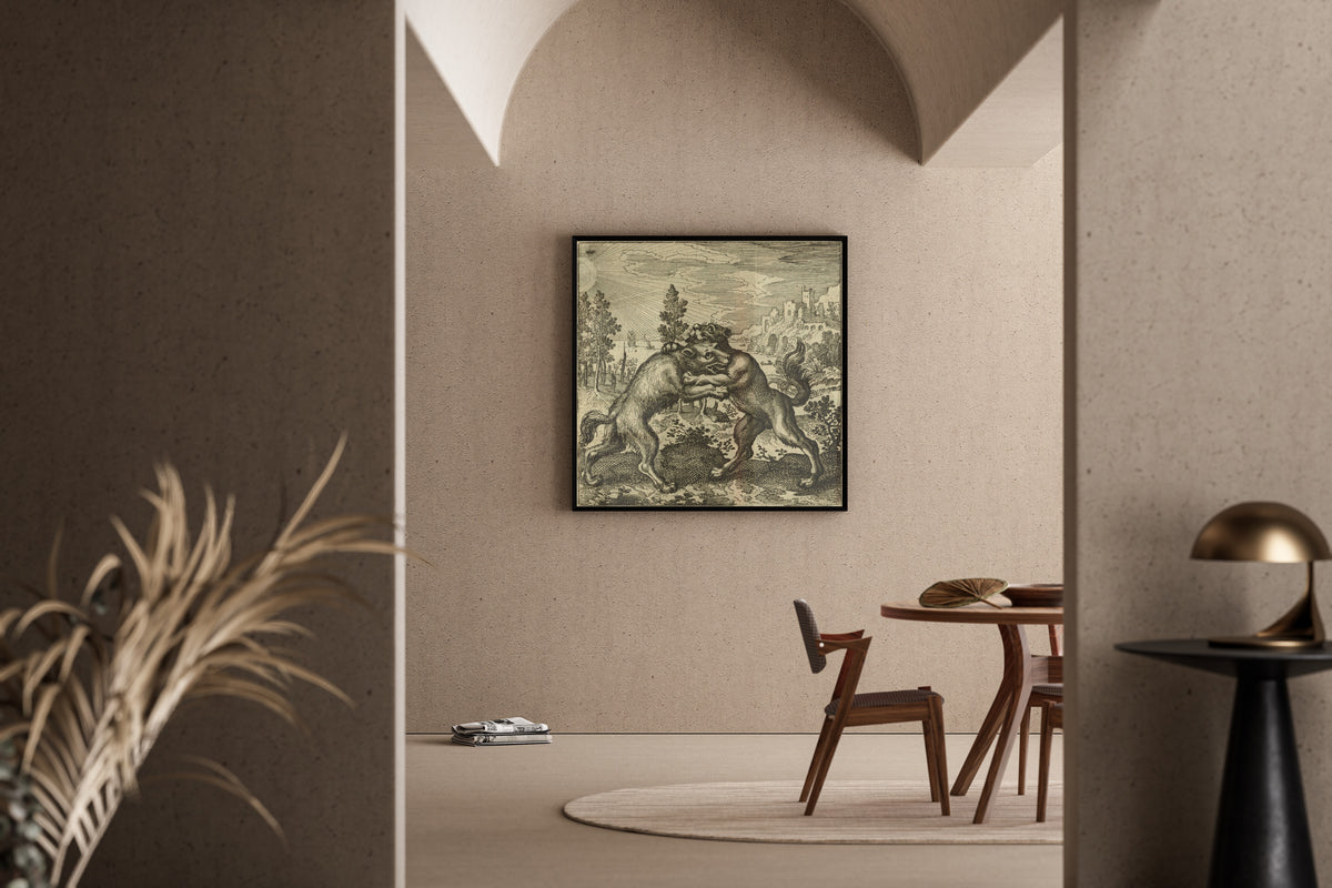 Framed art print of Atalanta Fugiens, Emblem 47: A Wolf Coming from the East and a Dog from the West Bit One Another by Michael Maier, in a sunlit dining corner