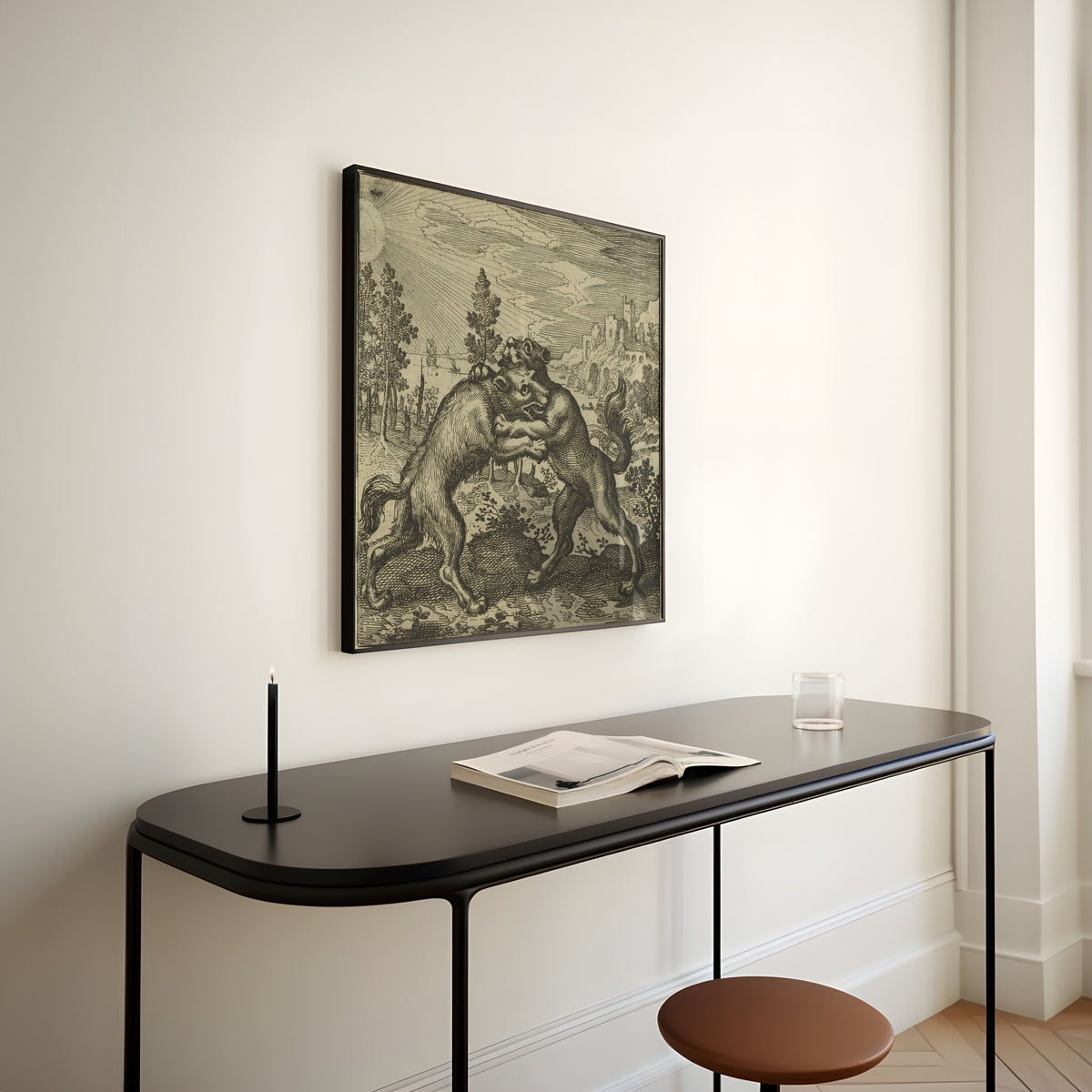 Framed art print of Atalanta Fugiens, Emblem 47: A Wolf Coming from the East and a Dog from the West Bit… by Michael Maier, above a slim black console table