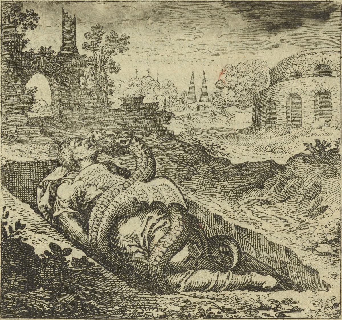 Michael Maier — Atalanta Fugiens, Emblem 50: The Dragon Kills the Woman, and She Kills It | Alchemical Engraving Print
