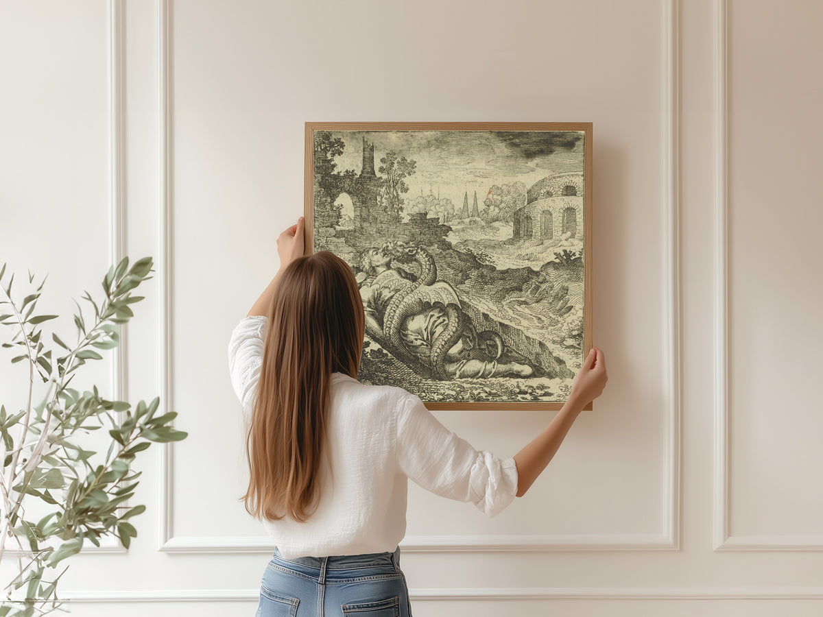 Framed art print of Atalanta Fugiens, Emblem 50: The Dragon Kills the Woman, and She Kills It by Michael Maier, hung on a panelled wall