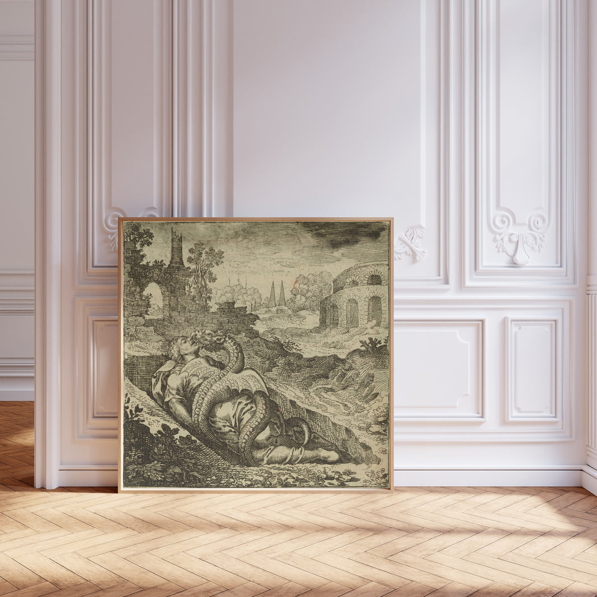 Framed art print of Atalanta Fugiens, Emblem 50: The Dragon Kills the Woman, and… by Michael Maier, leaning against pale pink panelling on a herringbone floor