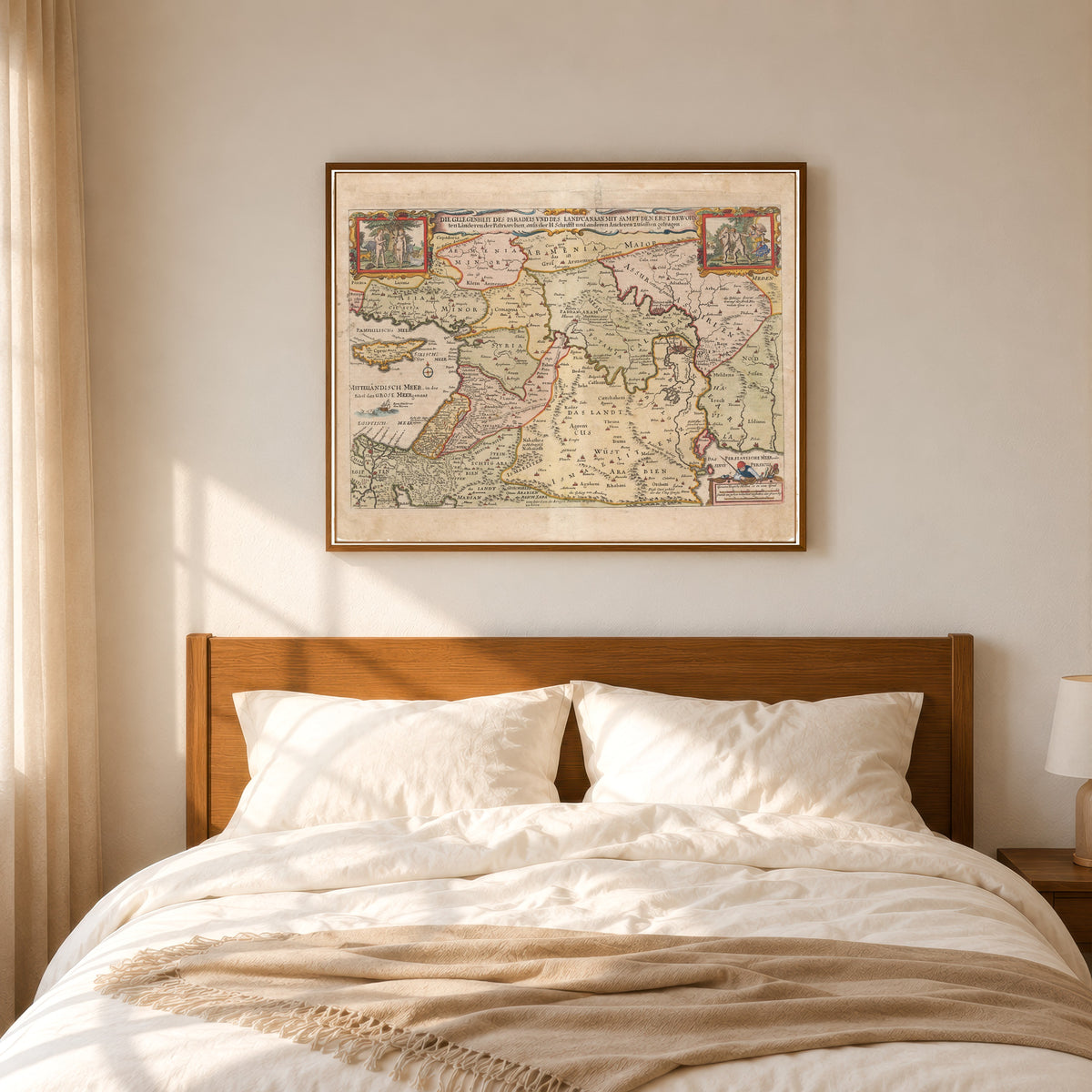 Framed art print of Die Gelegenheit des Paradeis und des Lands Canaan by Nicolaes Visscher, in a slim wood frame above a bed in a sunlit bedroom