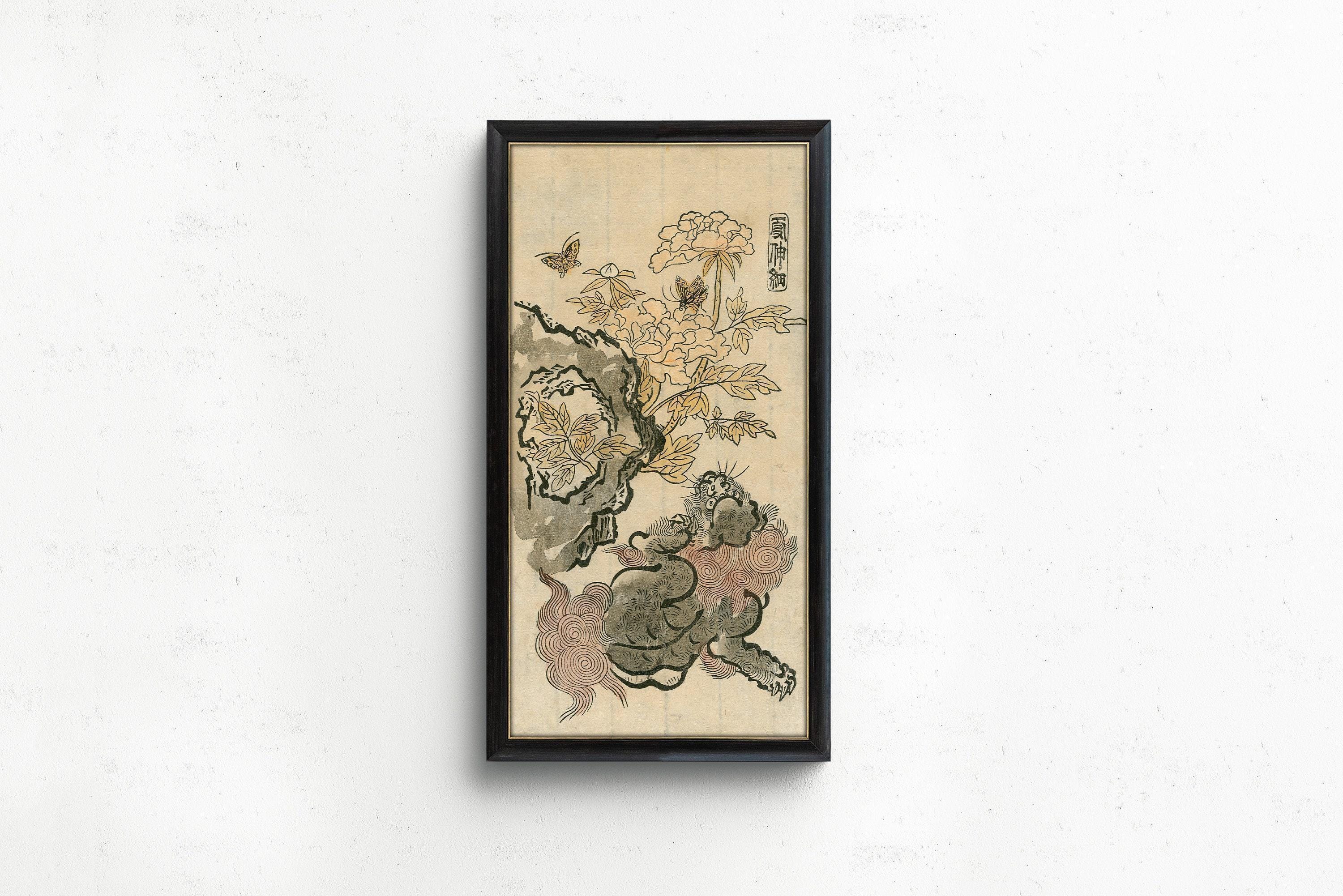 Nishimura Shigenaga - Chinese Lion, Peonies and Rock | PRINT | Vintage Asian Japanese Narrow Tall Art (available framed) 2x1 - 9ArtPrints