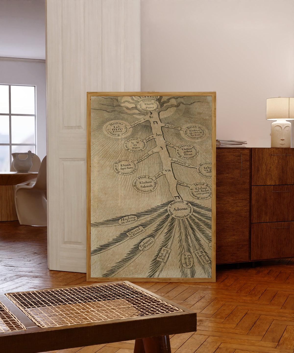 Framed art print of Sefirot (The Tree of Life) by Robert Fludd, in a light wood frame leaning in a warm room with a parquet floor