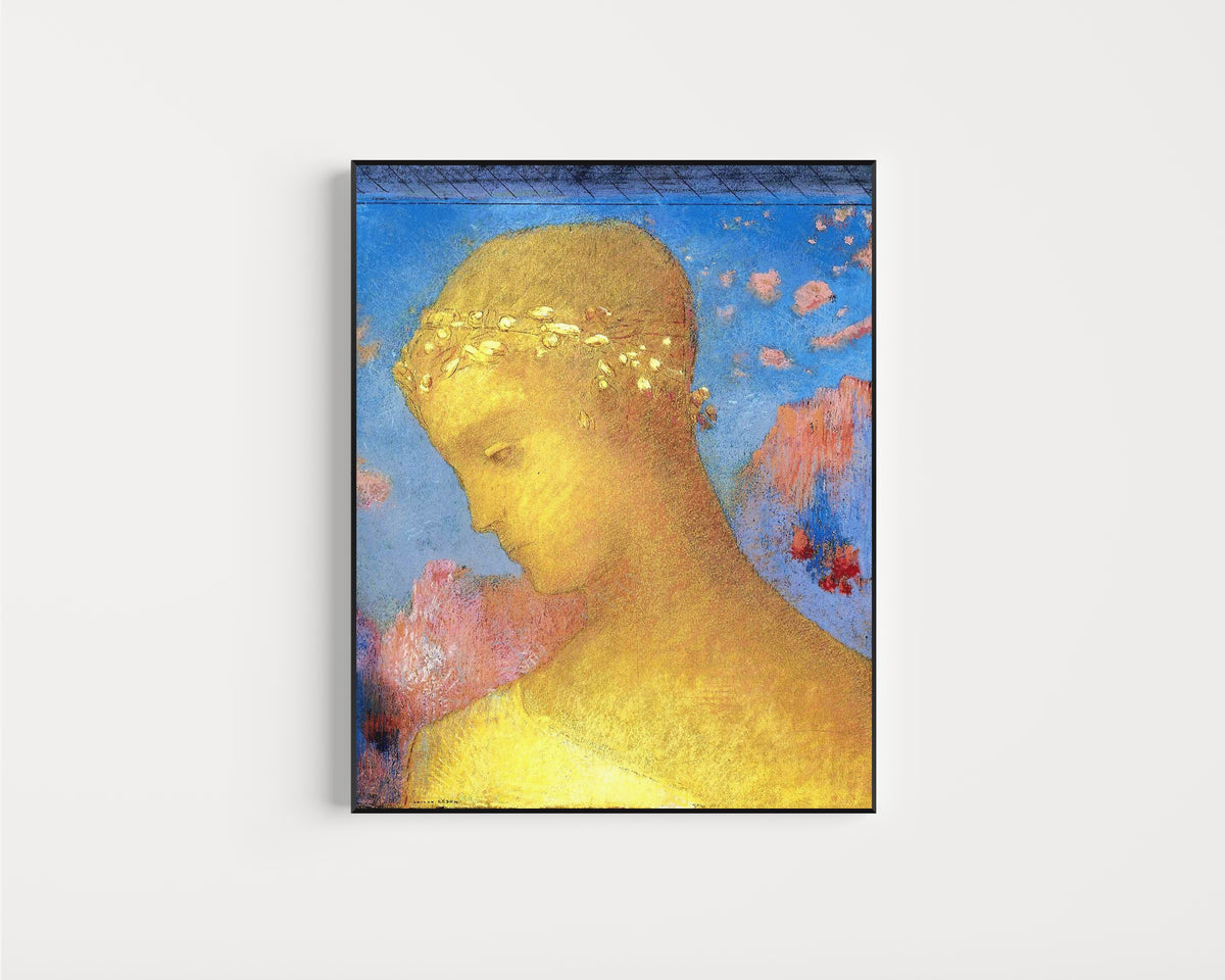 Framed art print of Beatrice by Odilon Redon, in a slim black frame on a plain white wall
