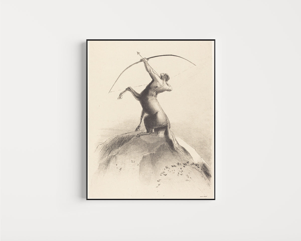 Framed art print of Centaur Aiming at the Clouds by Odilon Redon, in a slim black frame on a plain white wall