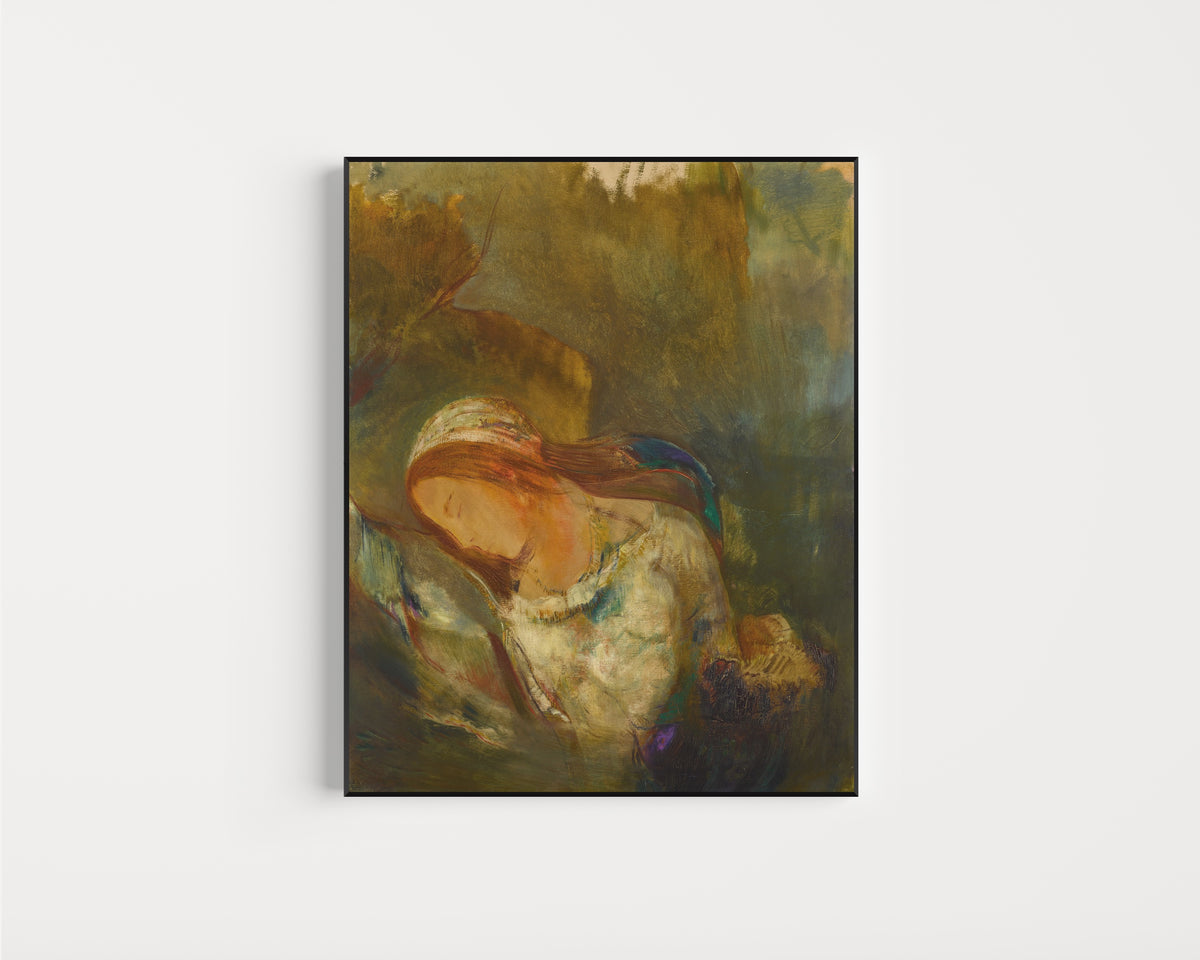 Framed art print of Ophelia (Striped Headscarf) by Odilon Redon, in a slim black frame on a plain white wall