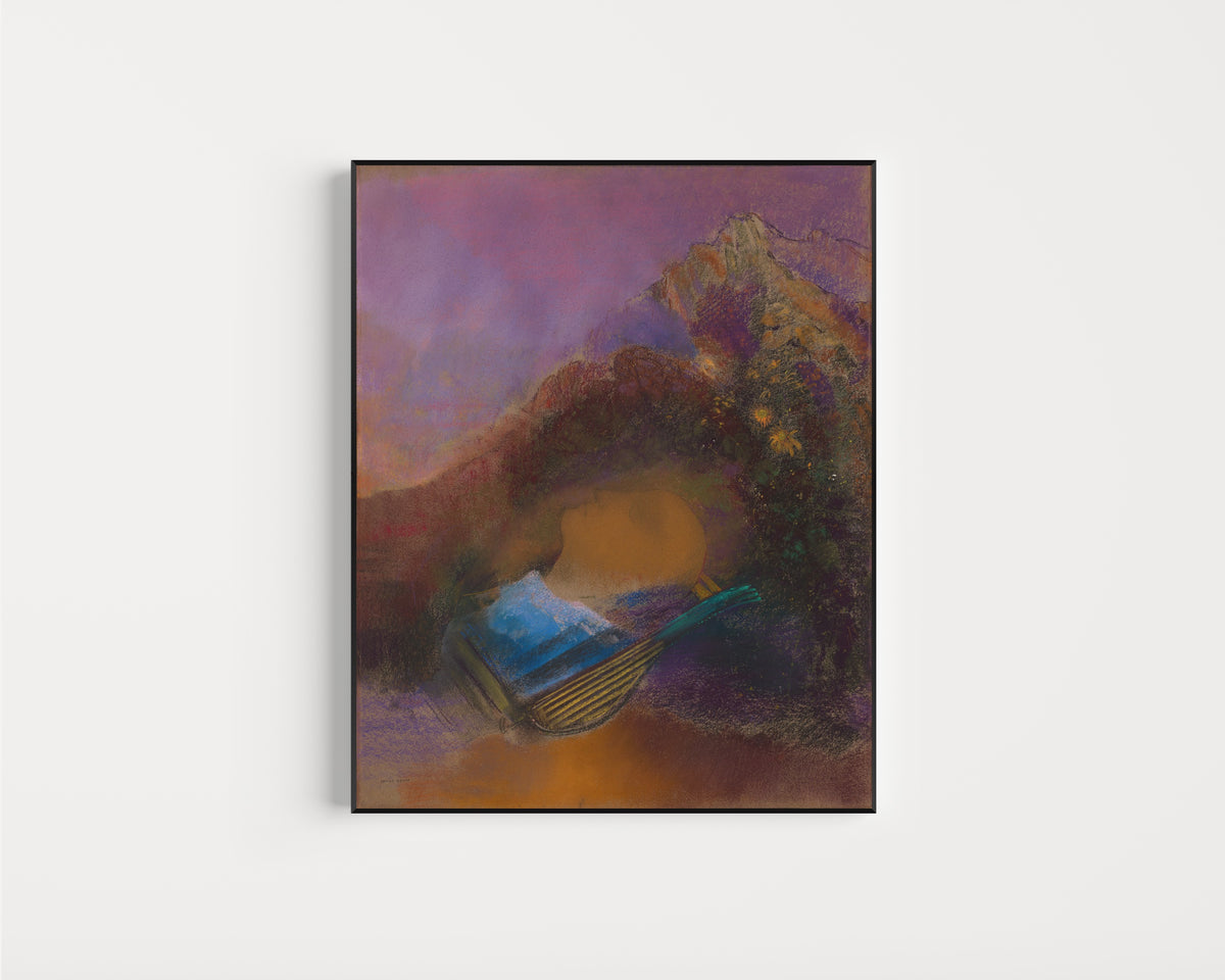 Framed art print of Orpheus by Odilon Redon, in a slim black frame on a plain white wall