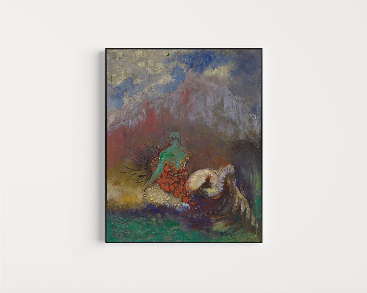 Framed art print of Siren by Odilon Redon, in a slim black frame on a plain white wall