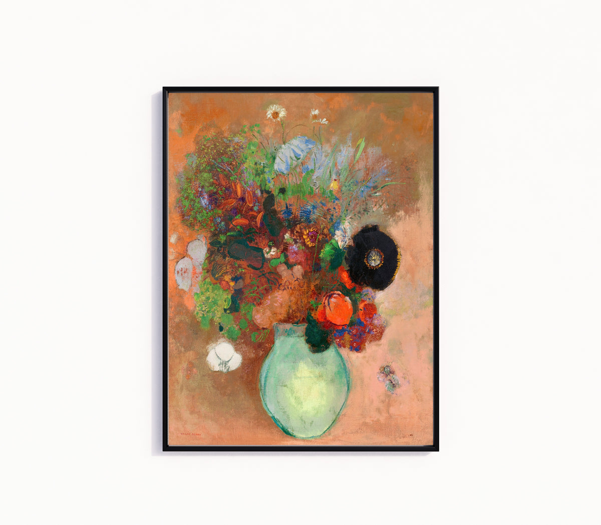 Framed art print of The Black Poppy by Odilon Redon, in a slim black frame on a plain white wall