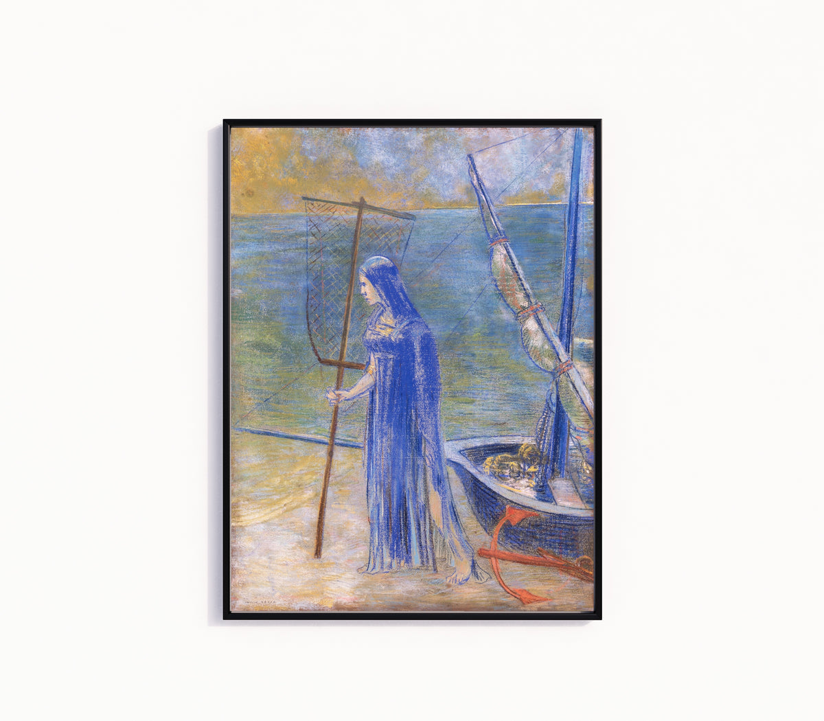 Framed art print of The Fisherwoman by Odilon Redon, in a slim black frame on a plain white wall