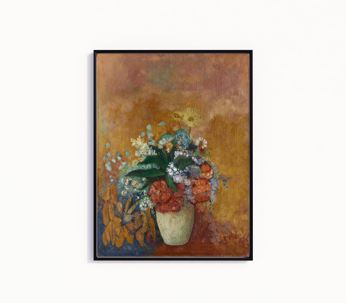 Framed art print of Vase of Flowers by Odilon Redon, in a slim black frame on a plain white wall
