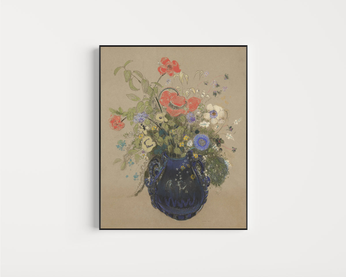 Framed art print of Vase of Flowers (Grey Background) by Odilon Redon, in a slim black frame on a plain white wall