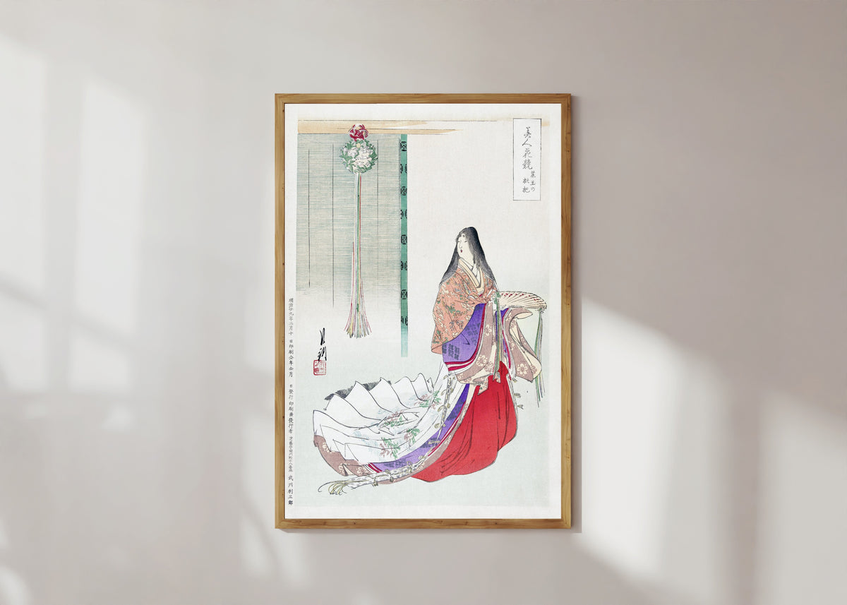 Framed art print of Heian Lady Waiting (1896) by Ogata Gekkō, in a light wood frame on a sunlit white wall