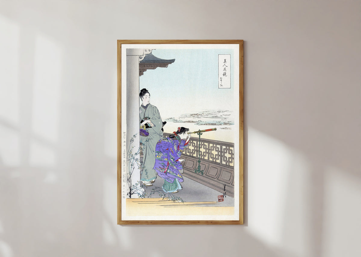 Framed art print of The Binoculars (1887–1896) by Ogata Gekkō, in a light wood frame on a sunlit white wall
