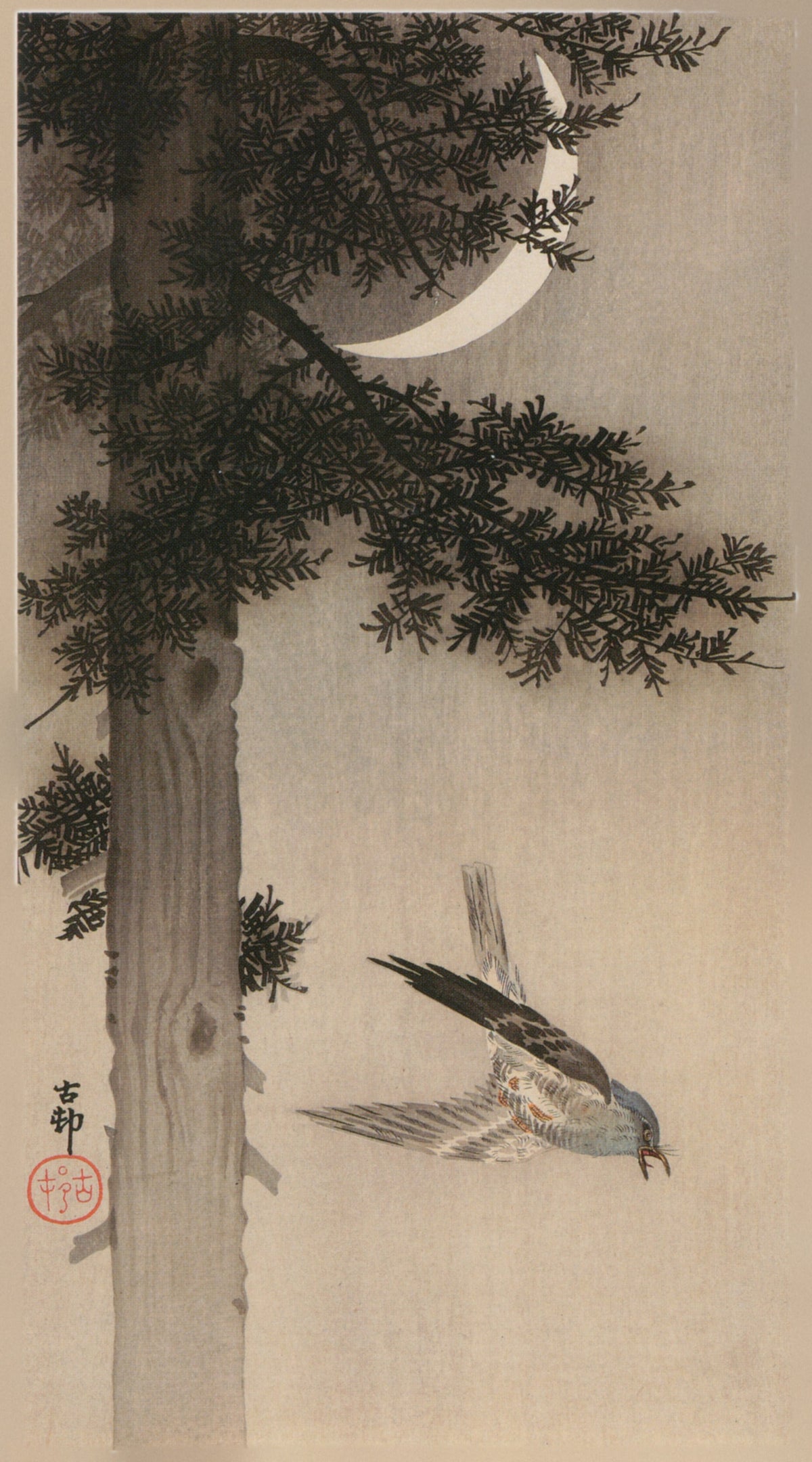 Alpine Accentor and Crescent Moon by Ohara Koson — A bird swoops past a tree under a crescent moon