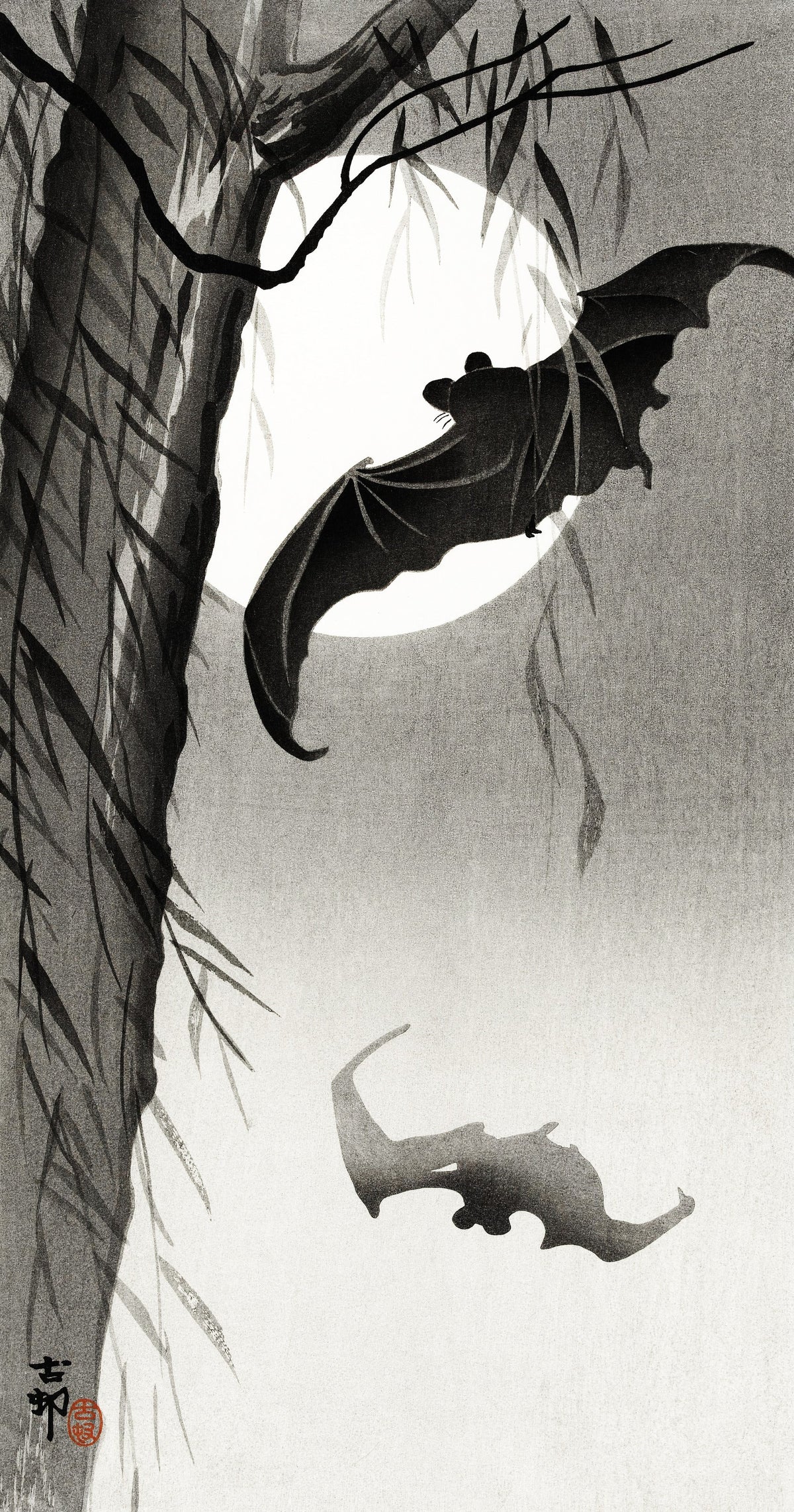 Ohara Koson — Bats Under the Full Moon | Japanese Bird & Flower Woodblock Print - 9ArtPrints