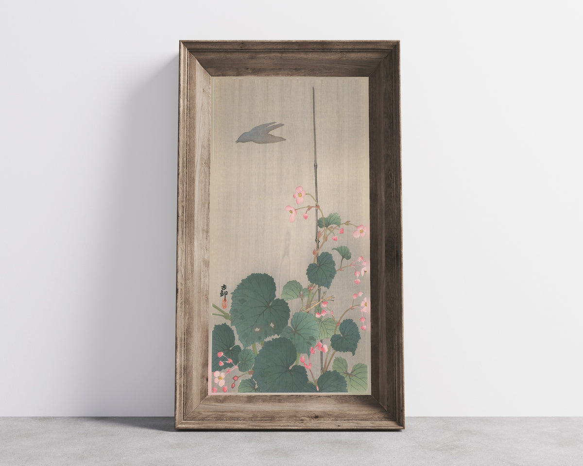 Begonia in Rain with Bird Shadow by Ohara Koson — shown framed on a wall