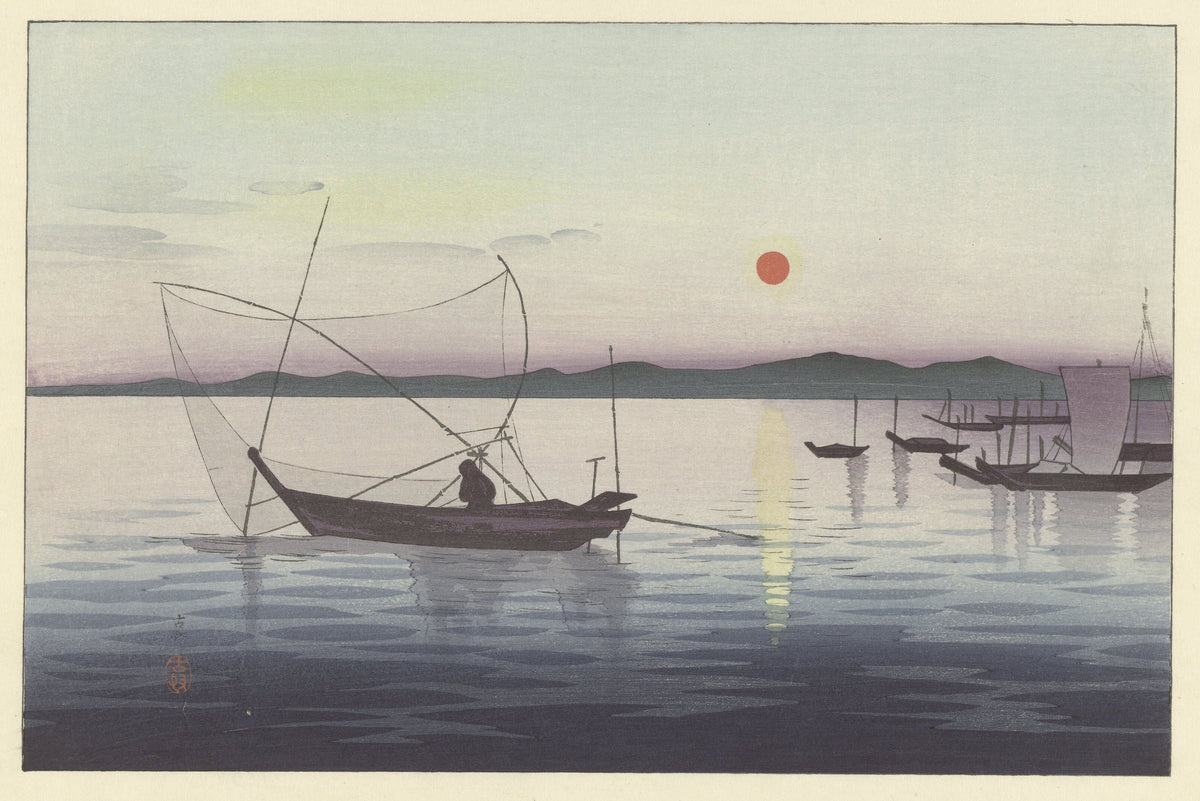 Ohara Koson — Boats and setting sun | Japanese Bird & Flower Woodblock Print - 9ArtPrints