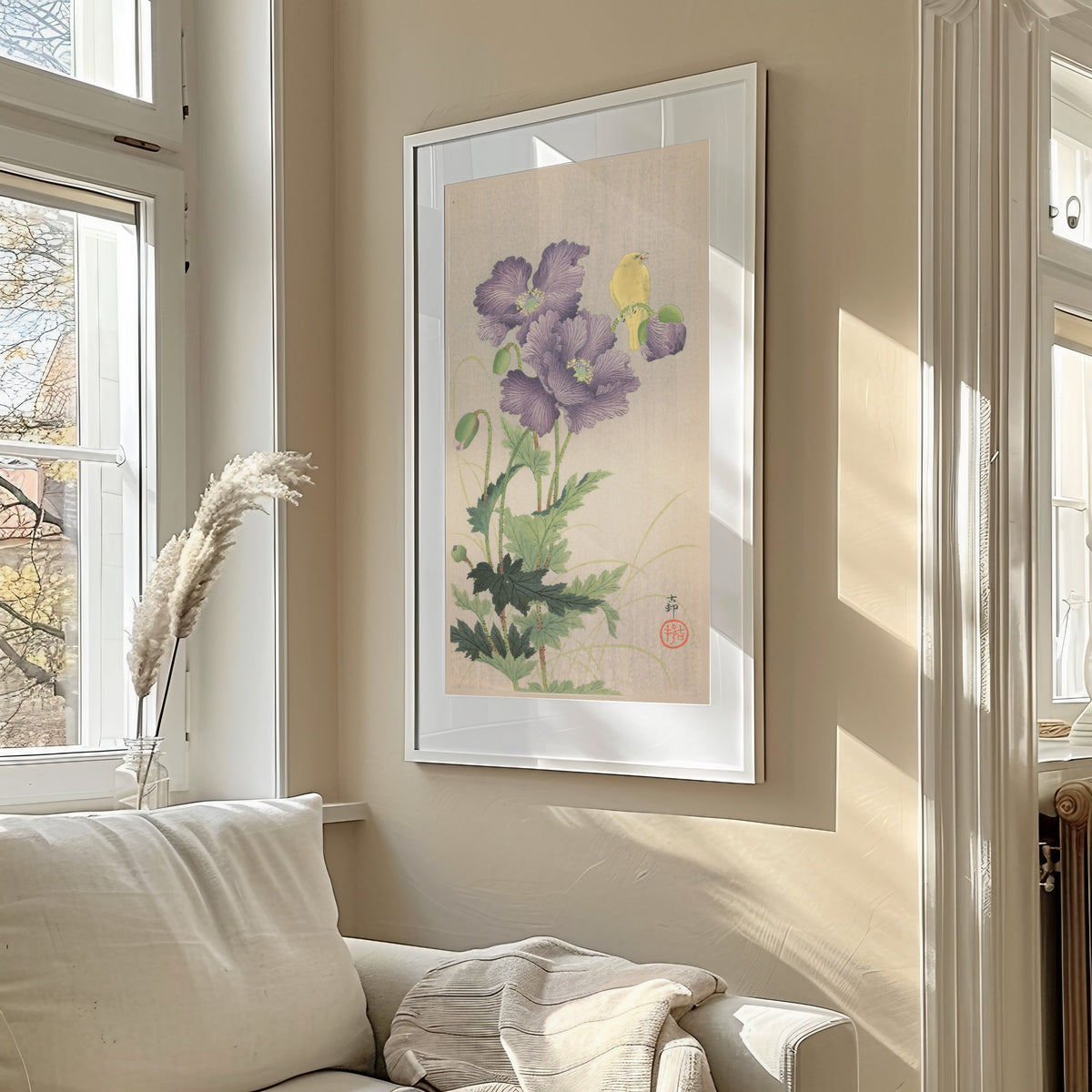 Canary and Poppies by Ohara Koson — shown framed on a wall