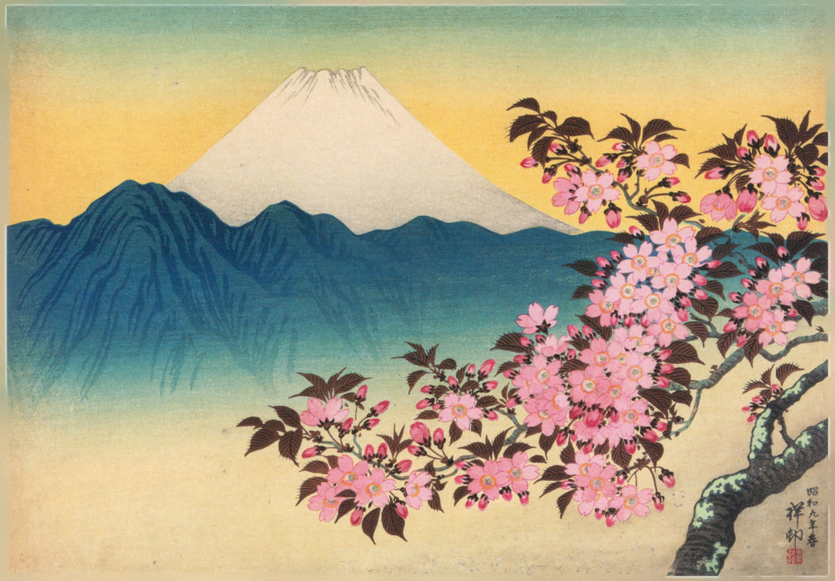 Cherry Blossoms and Mount Fuji by Ohara Koson — Cherry blossoms frame a snow-capped Mount Fuji