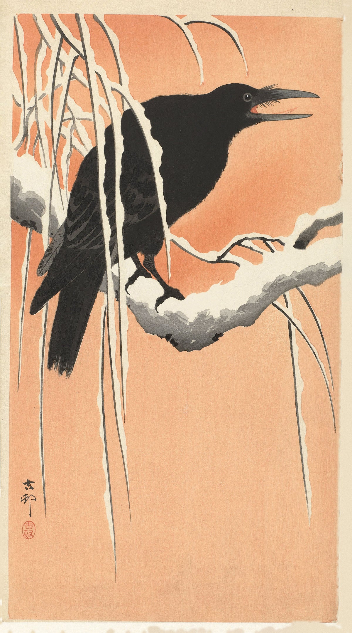 Ohara Koson — Crow on Snowy Branch | Japanese Bird & Flower Woodblock Print