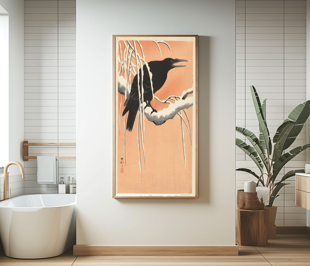 Ohara Koson — Crow on Snowy Branch | Japanese Bird & Flower Woodblock Print