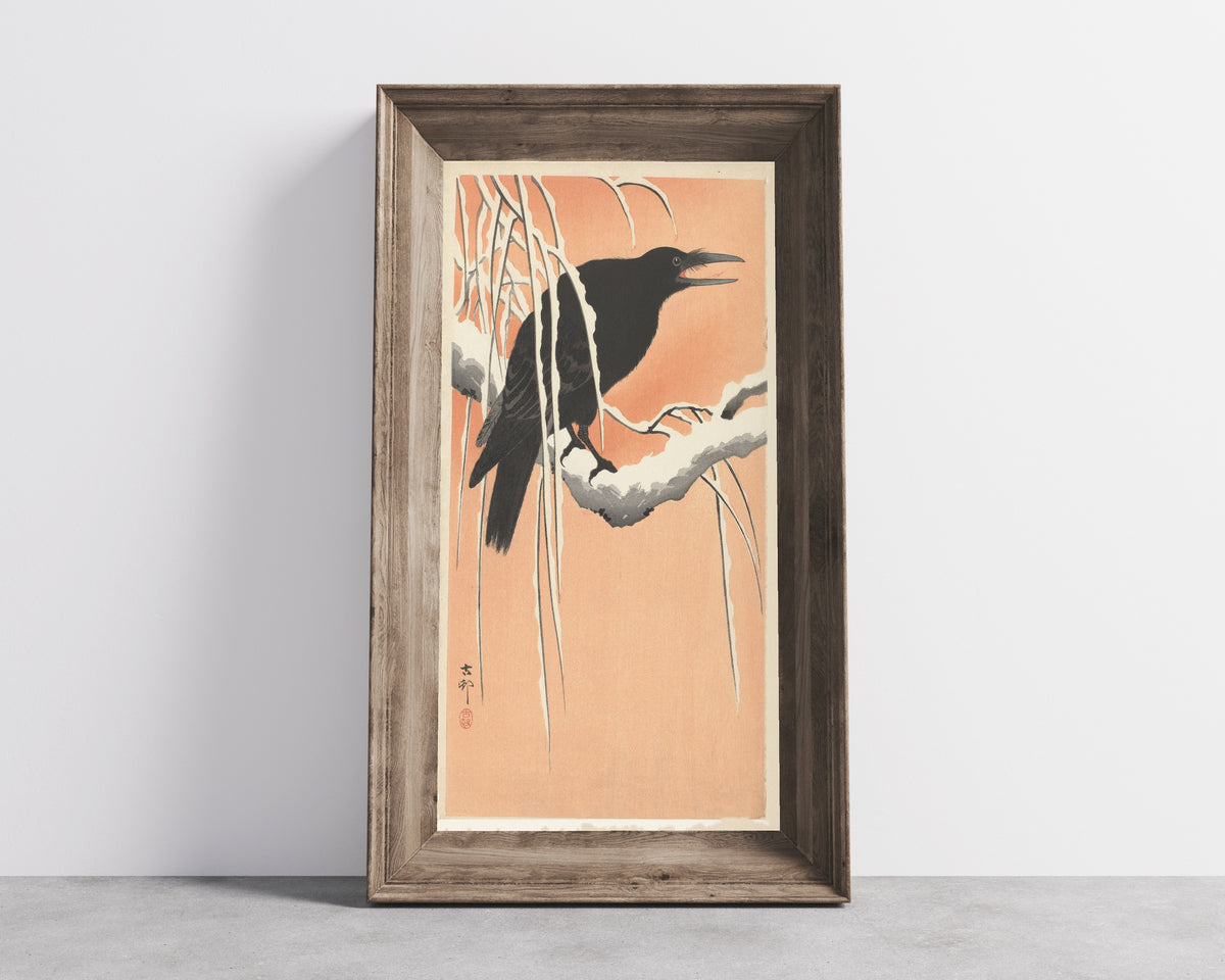 Ohara Koson — Crow on Snowy Branch | Japanese Bird & Flower Woodblock Print - 9ArtPrints