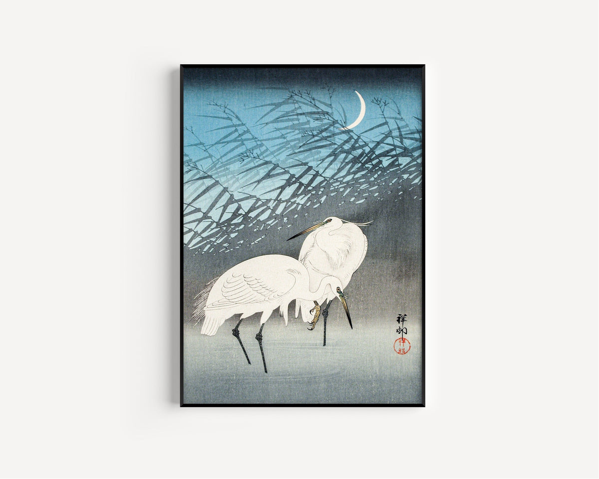 Ohara Koson — Egrets and Reeds in Moonlight | Japanese Bird & Flower Woodblock Print - 9ArtPrints