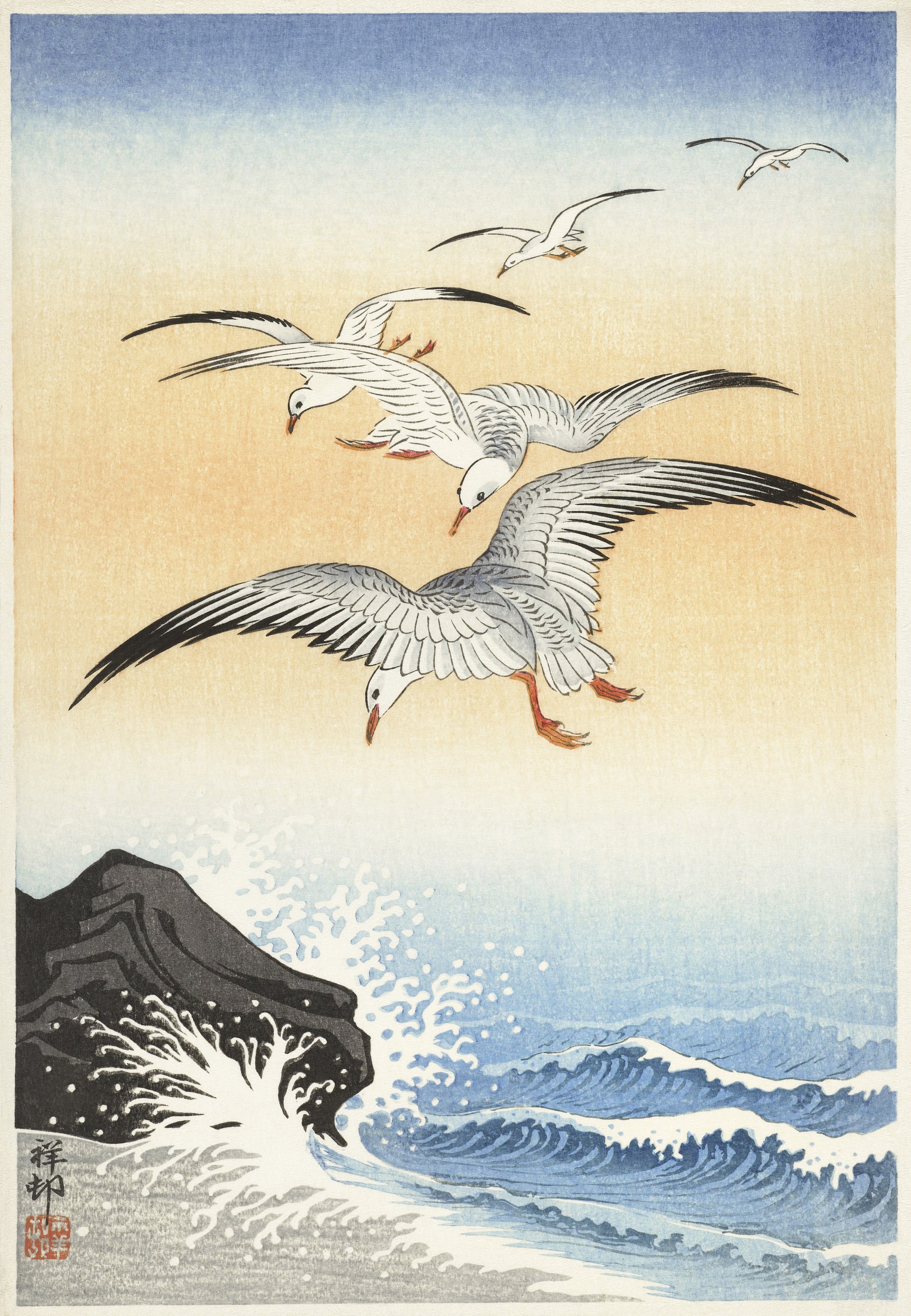 Ohara Koson — Five Seagulls above a Turbulent Sea | Japanese Bird & Flower Woodblock Print - 9ArtPrints
