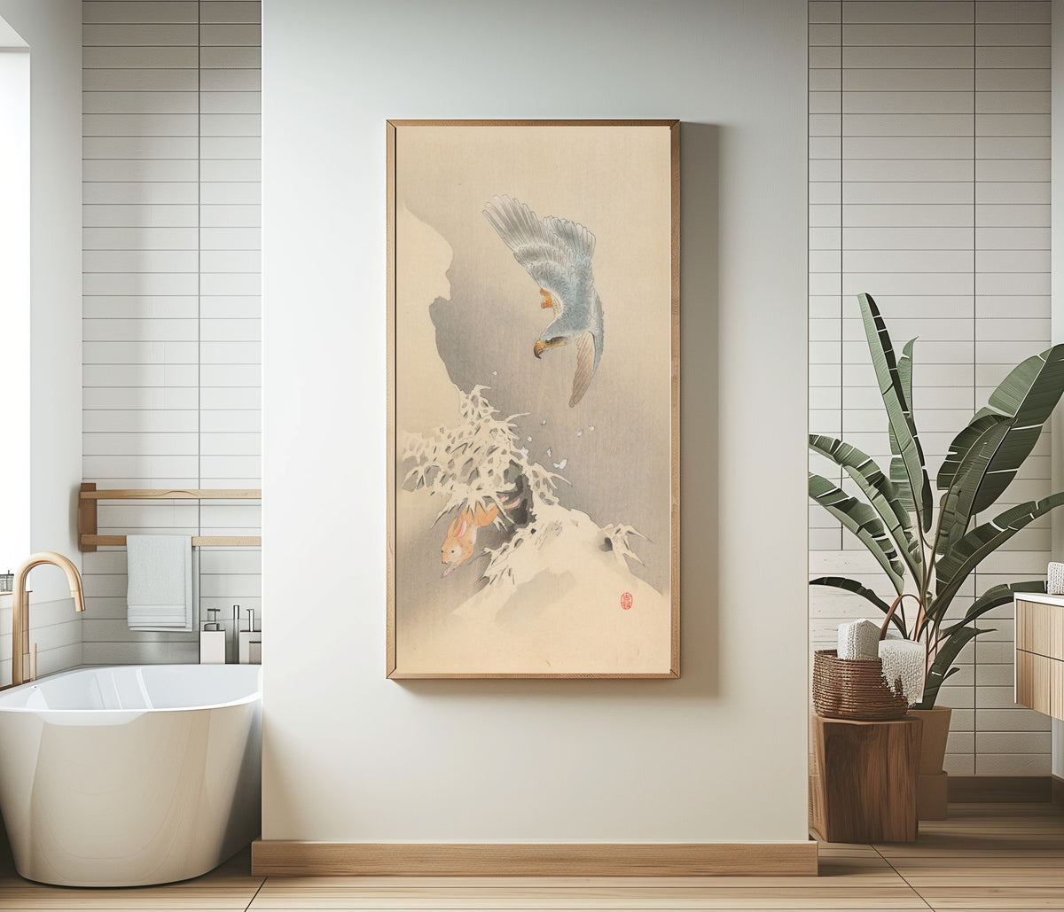 Goshawk Chasing a Hare by Ohara Koson — shown framed on a wall