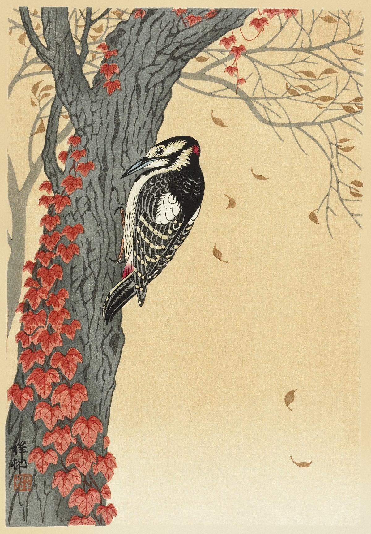 Great Spotted Woodpecker in Tree with Red Ivy by Ohara Koson — A woodpecker grips a bark trunk laced with scarlet ivy