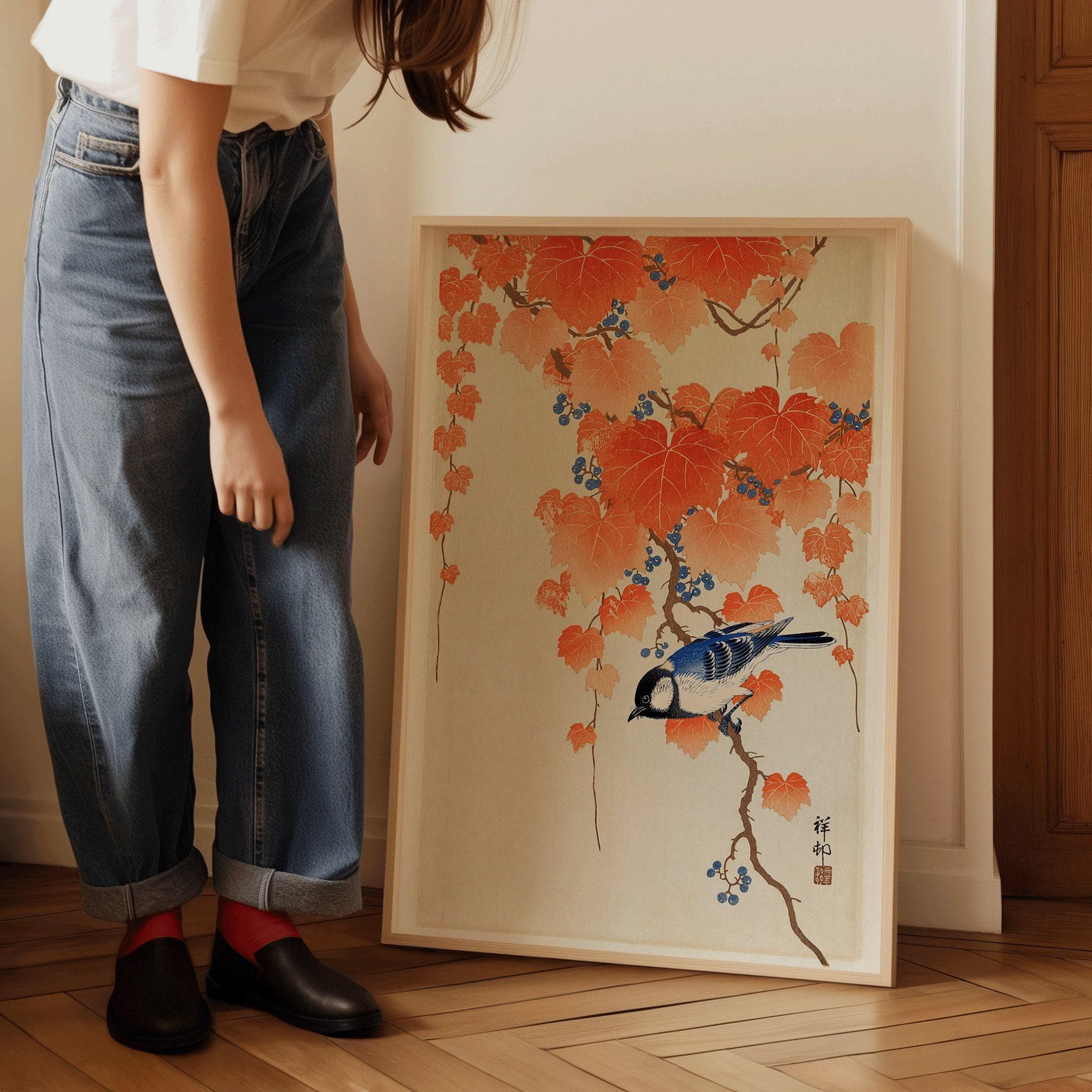 Ohara Koson - Great Tit on Paulownia Branch | PRINT | Vintage Orange Blue Japanese Shin - Hanga Kachō - E Art (available framed) - 9ArtPrints