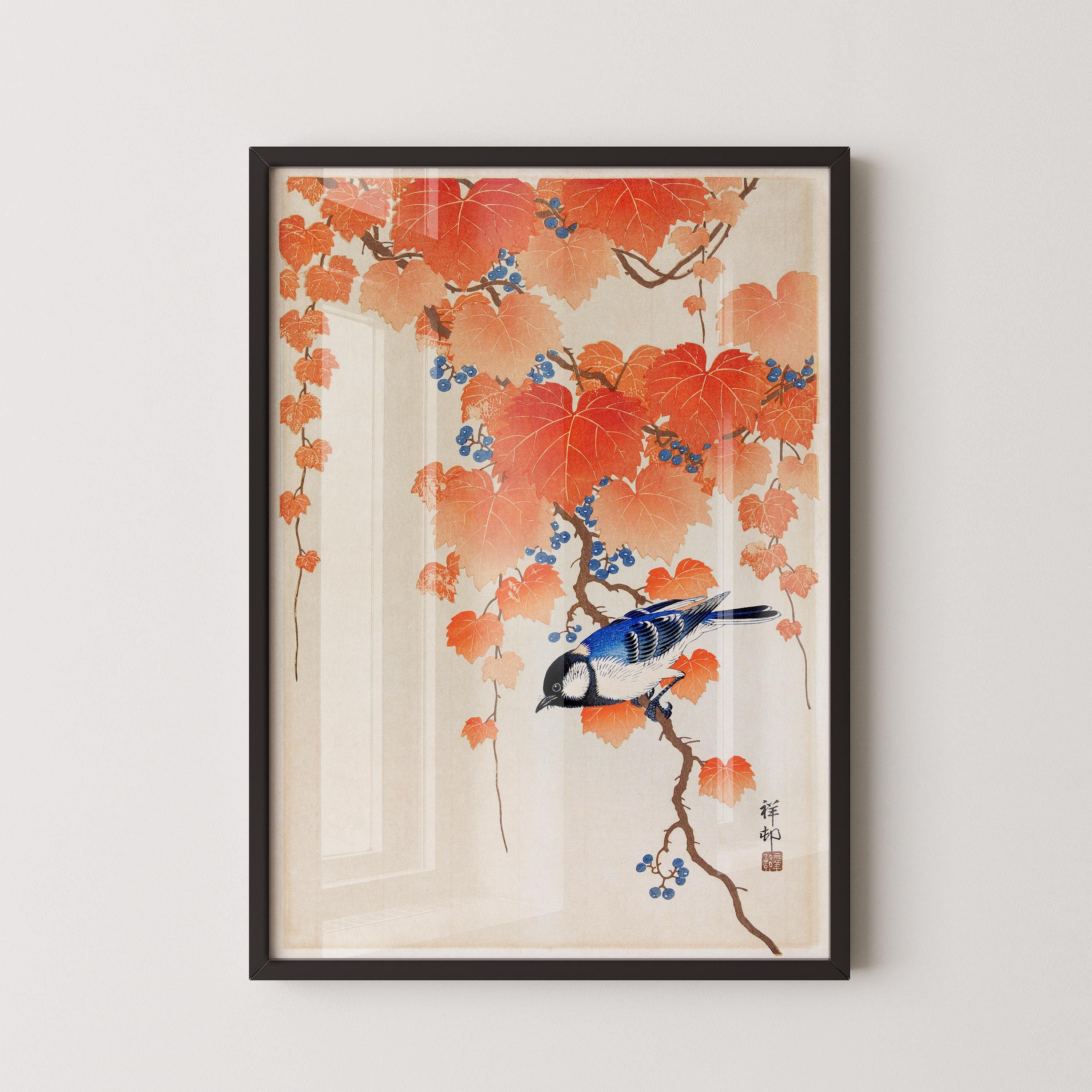 Ohara Koson - Great Tit on Paulownia Branch | PRINT | Vintage Orange Blue Japanese Shin - Hanga Kachō - E Art (available framed) - 9ArtPrints